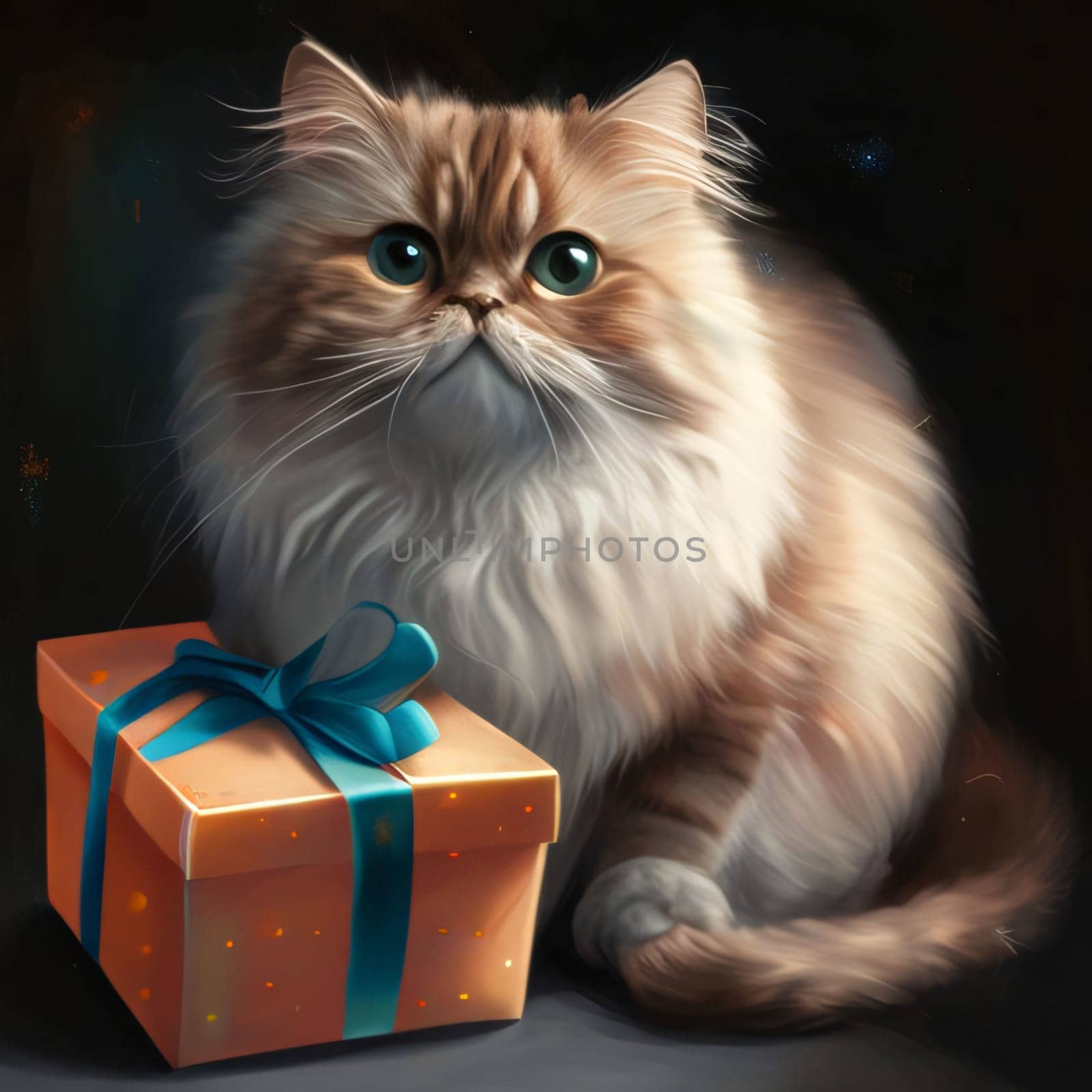 A small cat with a gold gift with a blue bow. Gifts as a day symbol of present and love. A time of falling in love and love.