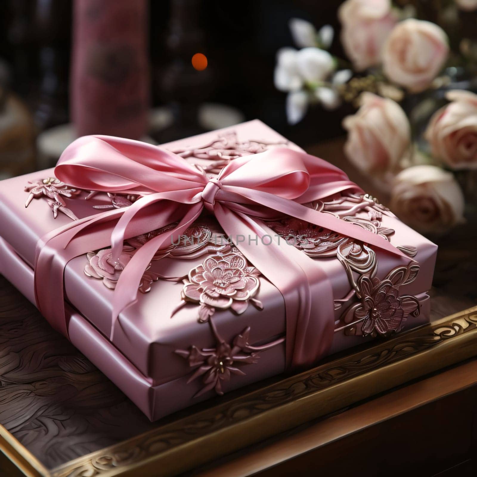 Pink gift with ornaments and pink bow in the background white roses. Gifts as a day symbol of present and love. A time of falling in love and love.