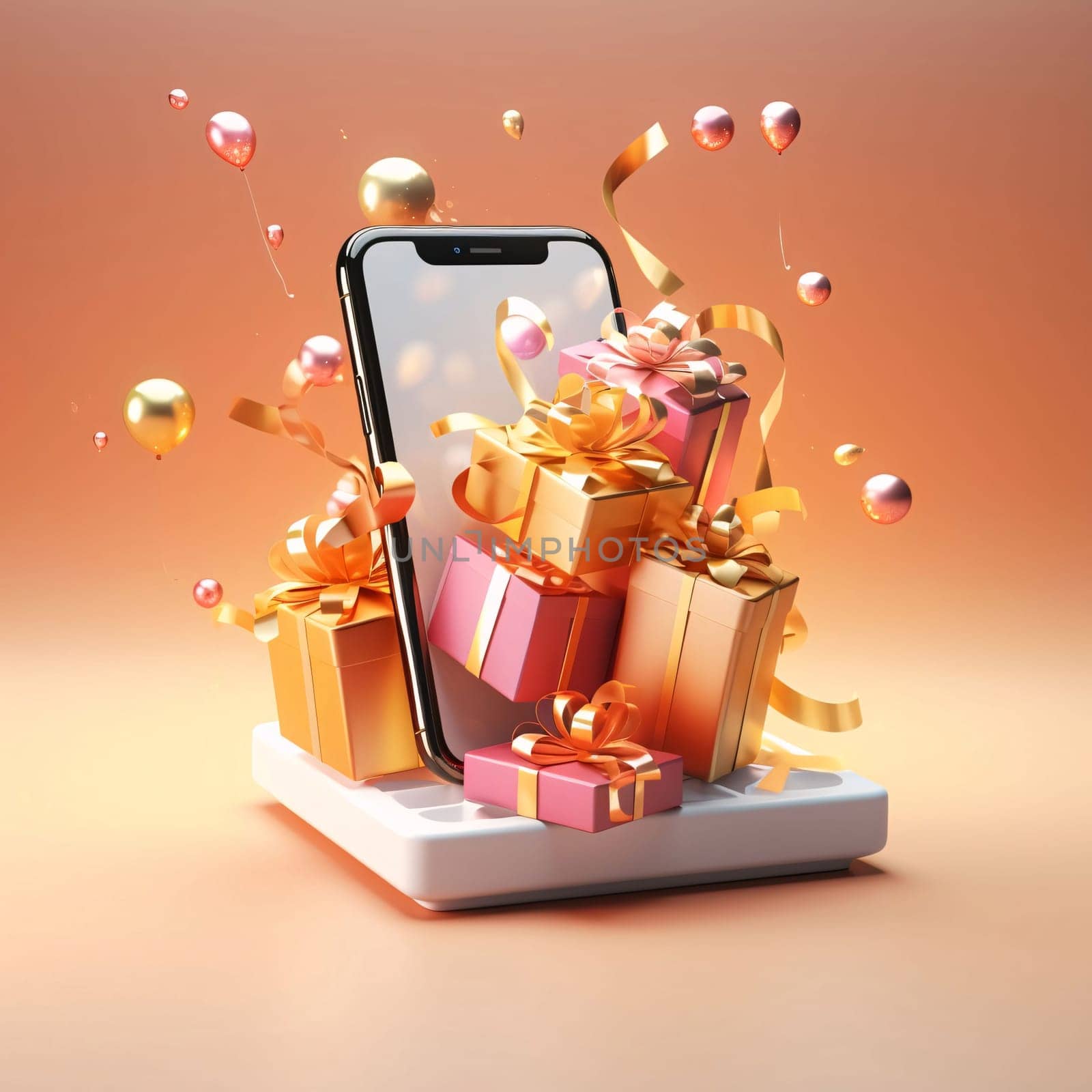 Abstract Gifts with Cocards. Golden balls and smartphone screen on white podium, orange background.Valentine's Day banner with space for your own content. Heart as a symbol of affection and love.