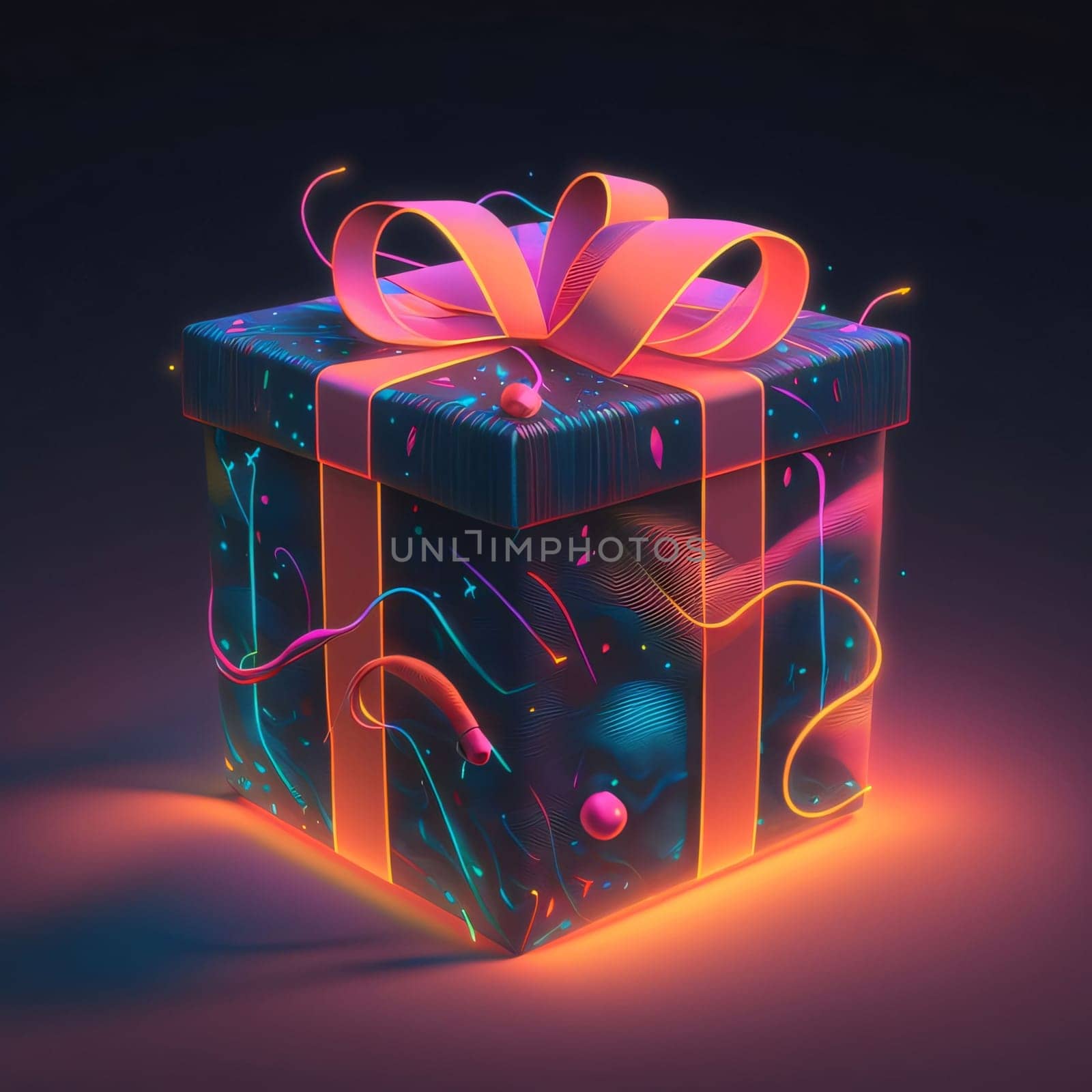 Glowing blue gift with orange and red bow, dark background.Valentine's Day banner with space for your own content. Heart as a symbol of affection and love.