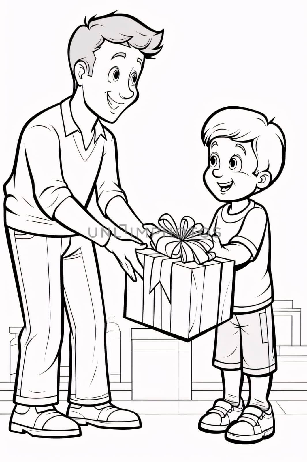 Black and White coloring card, father giving gift sons.Valentine's Day banner with space for your own content. Heart as a symbol of affection and love.