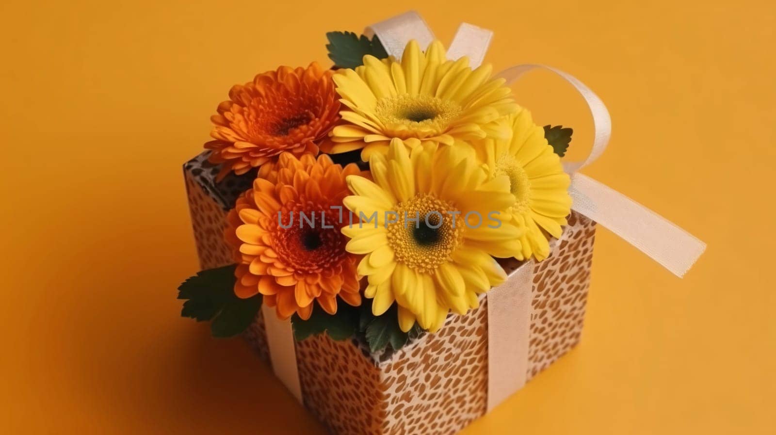 Yellow flowers as a gift with a bow, orange background.Valentine's Day banner with space for your own content. Heart as a symbol of affection and love.