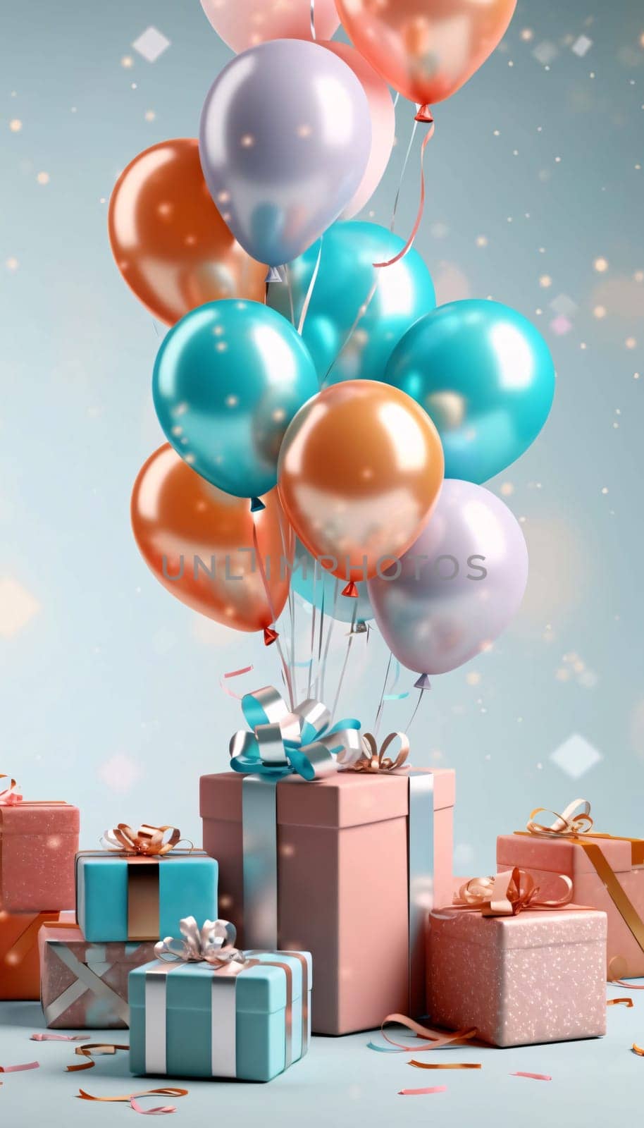 White and orange balloons and gifts with bow, confetti, bright background.Valentine's Day banner with space for your own content. Heart as a symbol of affection and love.