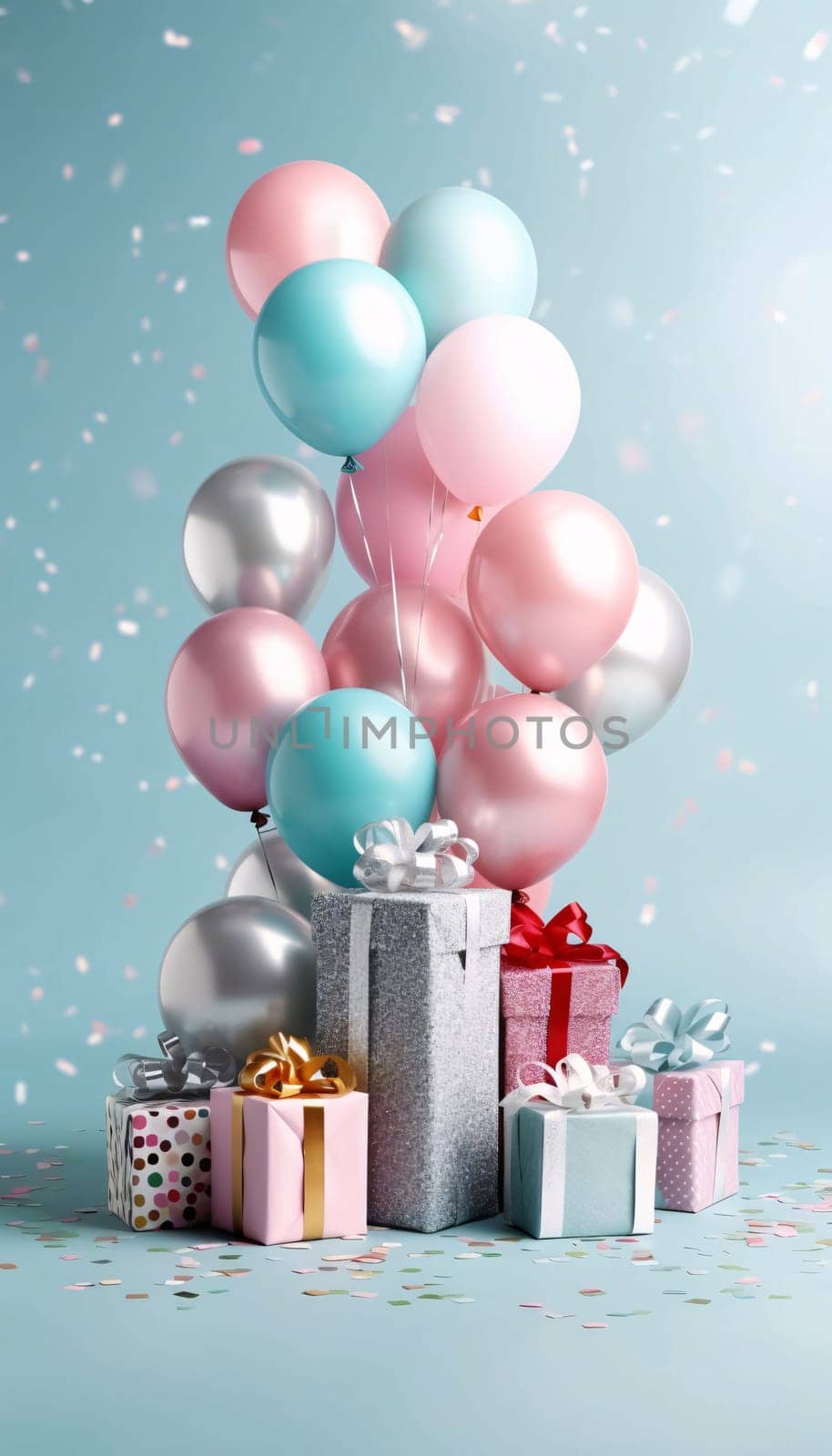 Silver and blue balloons and gifts with bow, confetti, bright background.Valentine's Day banner with space for your own content. Heart as a symbol of affection and love.