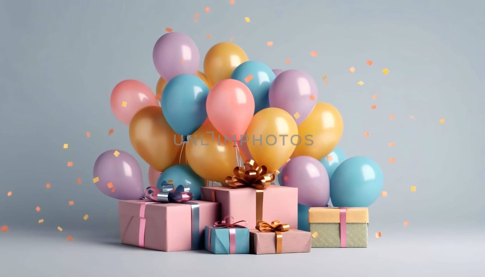 Colorful balloons and gifts with bow, confetti, bright background.Valentine's Day banner with space for your own content. Heart as a symbol of affection and love.