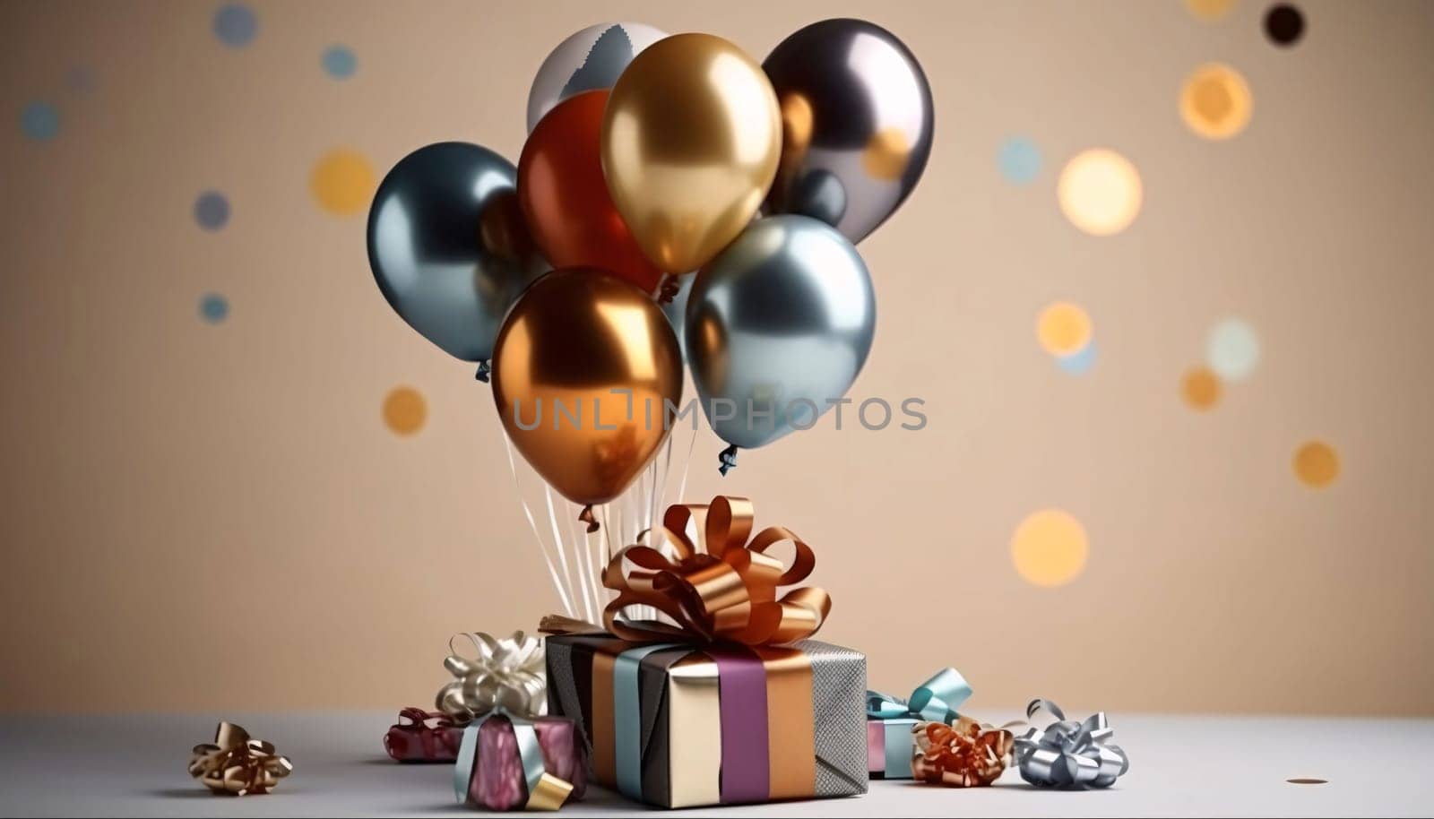 Gold and silver balloons and gifts with bow, confetti, dark background.Valentine's Day banner with space for your own content. Heart as a symbol of affection and love.