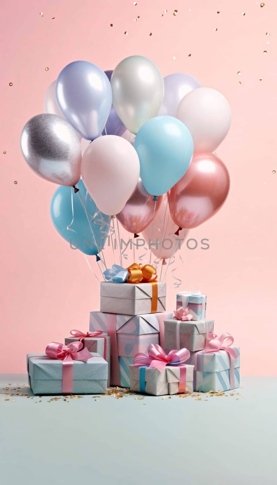 Colorful balloons and gifts with bow, confetti, bright background.Valentine's Day banner with space for your own content. Heart as a symbol of affection and love.