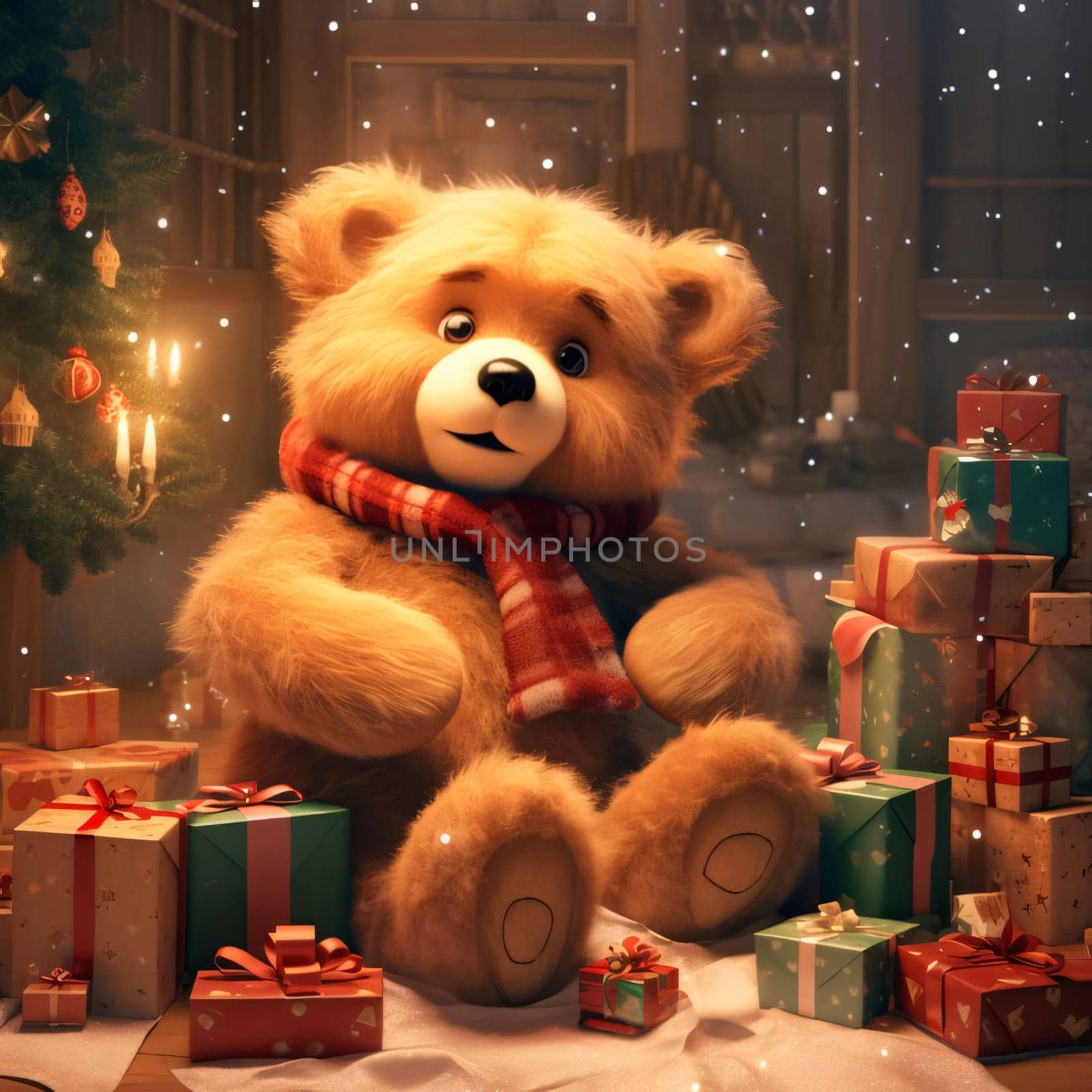 Teddy bear in red scarf around many gifts with bows. Abstract illustration. Gifts as a day symbol of present and love. A time of falling in love and love.
