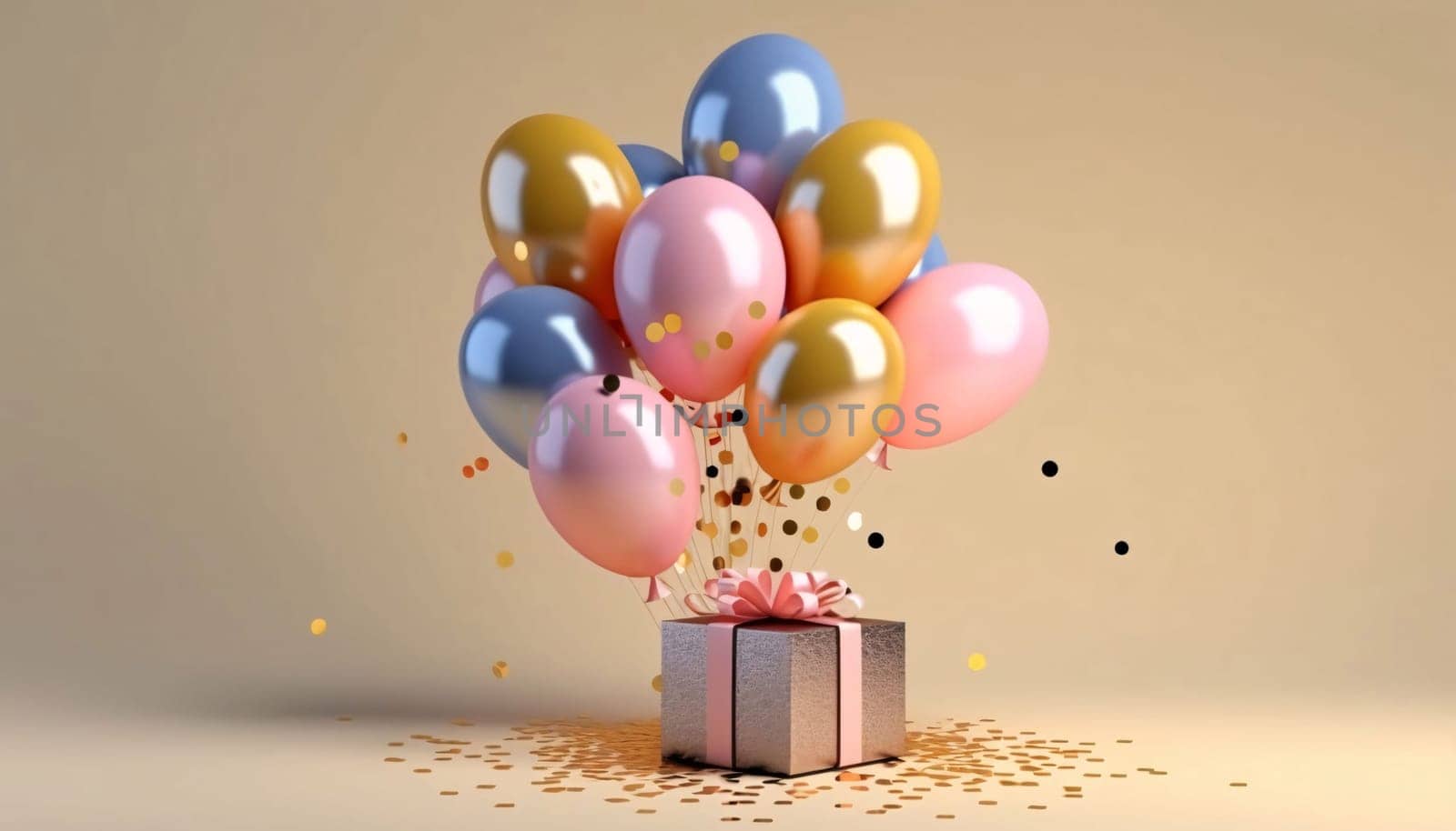 Colorful balloons and a gift with a bow, confetti, dark background.Valentine's Day banner with space for your own content. Heart as a symbol of affection and love.