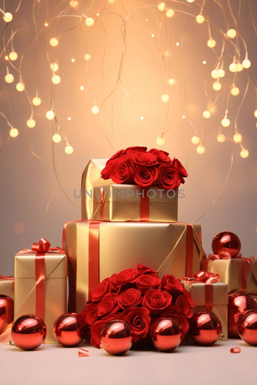 Gold Gifts with Red Bombs, Cocards and Roses. Lights glowing from the top. Gifts as a day symbol of present and love. A time of falling in love and love.