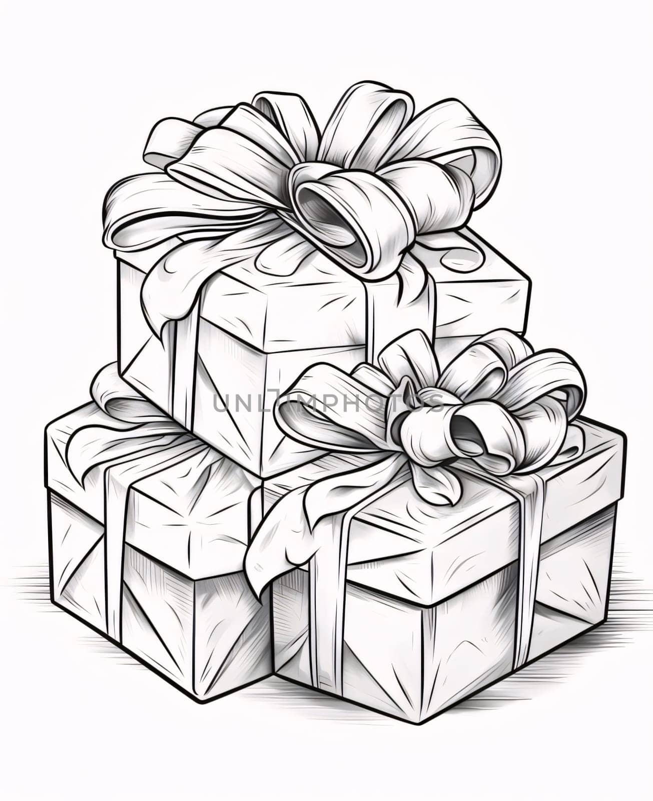 Black and white coloring page; pile of gifts with bows. Gifts as a day symbol of present and love. by ThemesS