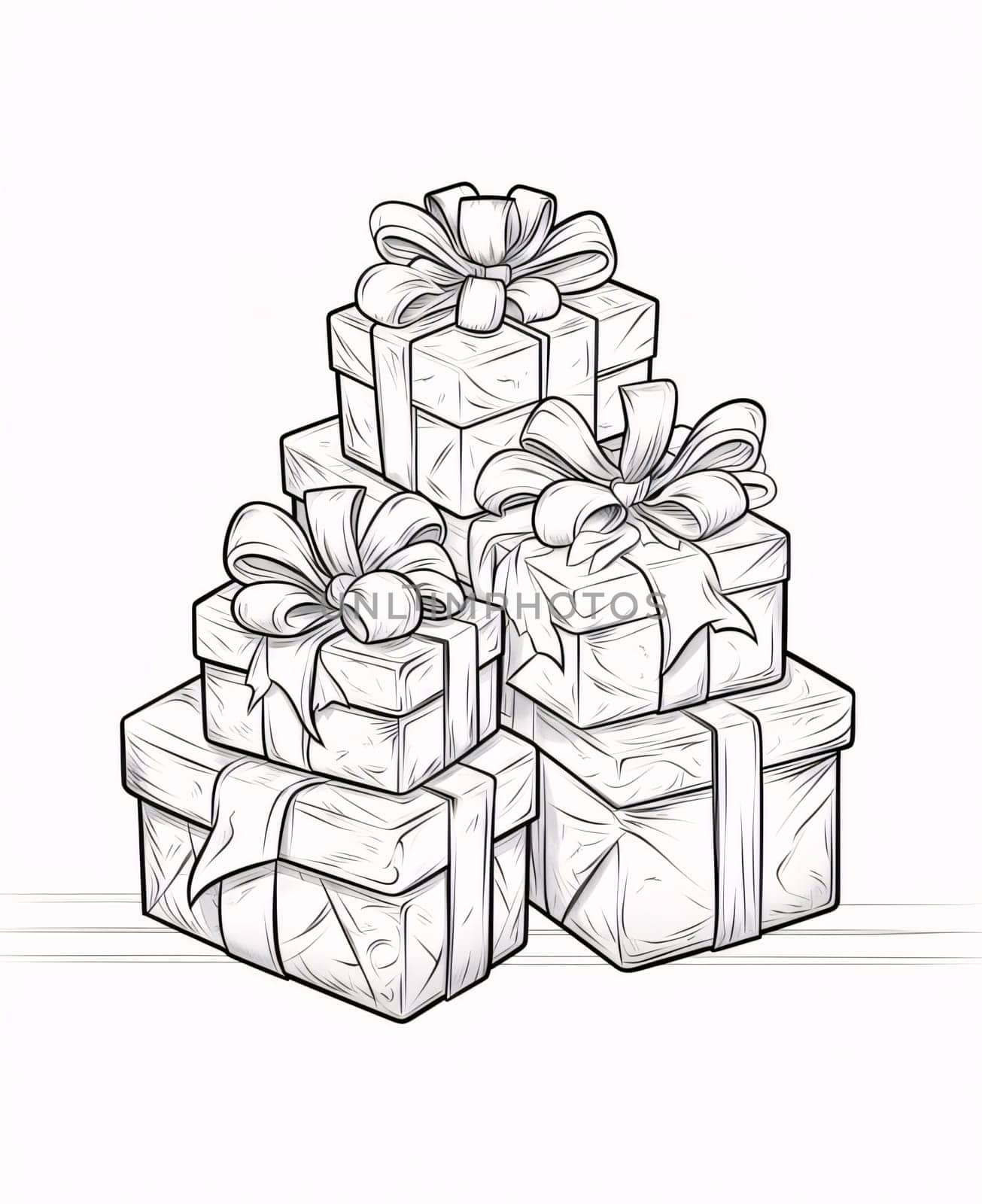 Black and white coloring page; pile of gifts with bows. Gifts as a day symbol of present and love. by ThemesS