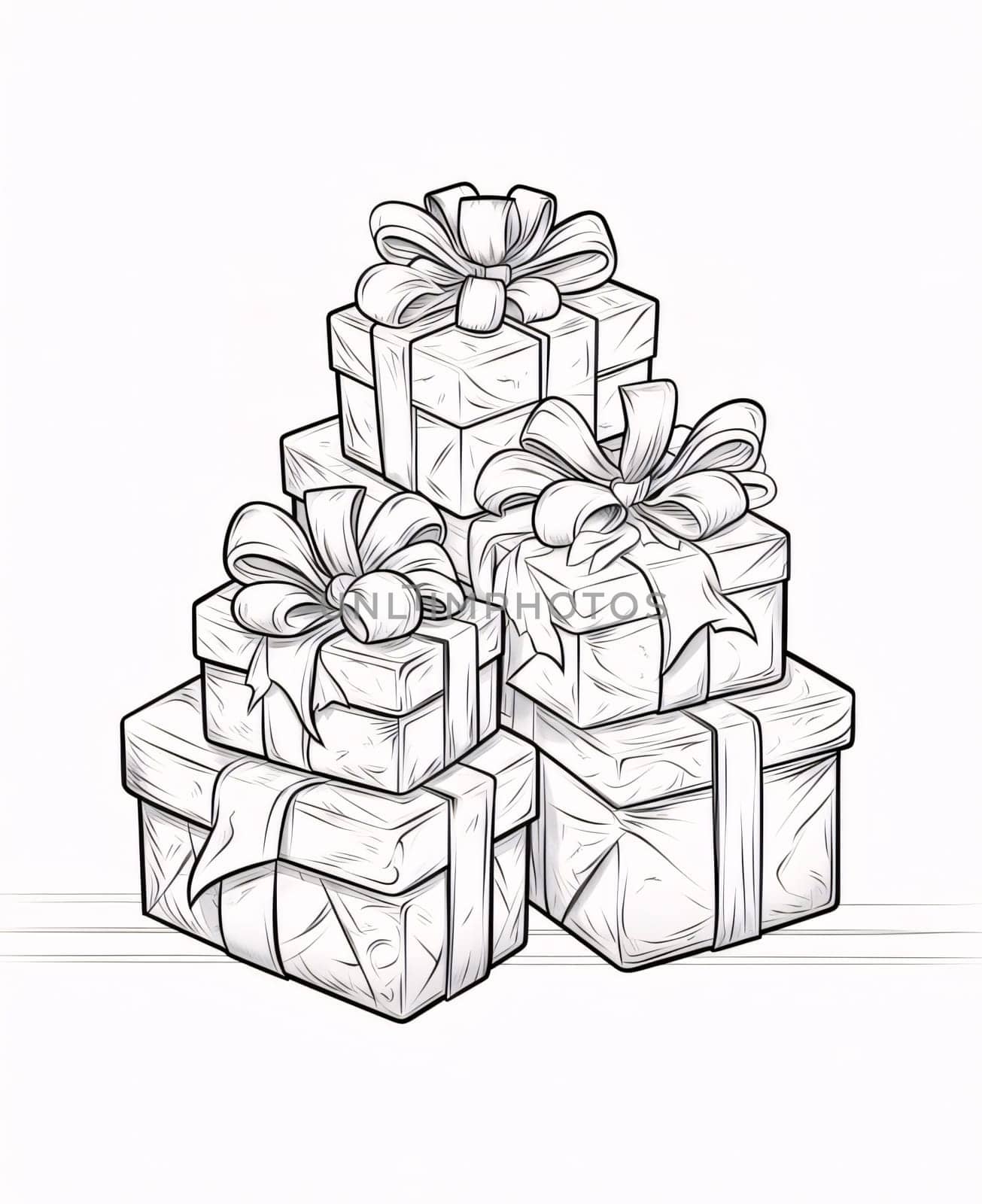 Black and white coloring page; pile of gifts with bows. Gifts as a day symbol of present and love. A time of falling in love and love.