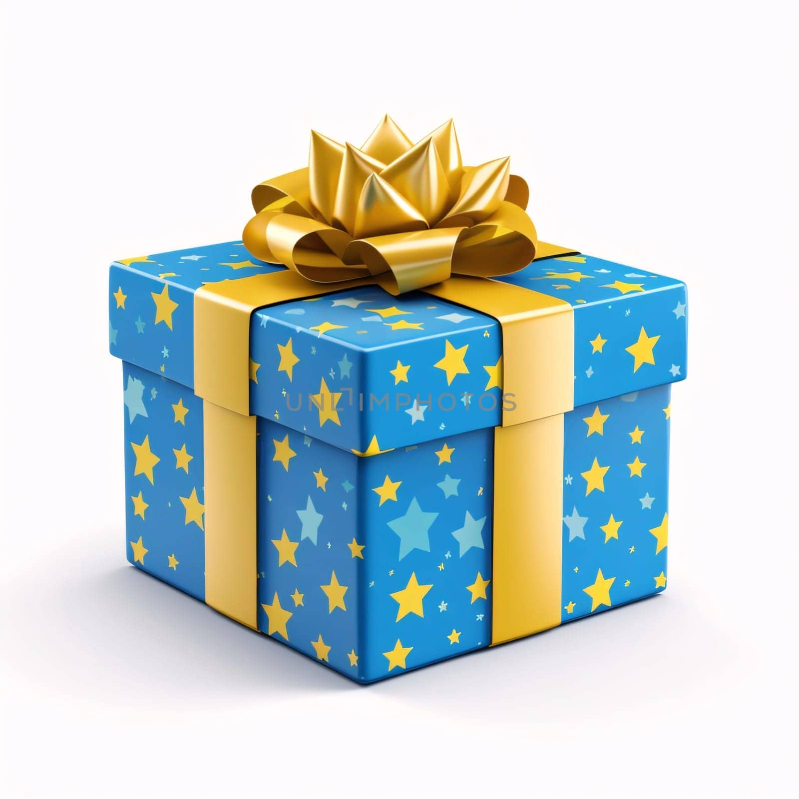 Blue box, gift with stars and yellow bow white background. Gifts as a day symbol of present and love. A time of falling in love and love.