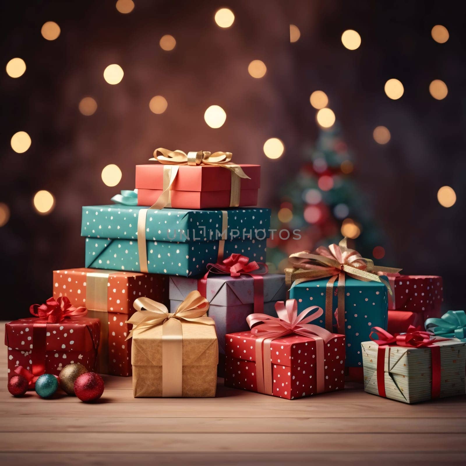 Colorful gifts arcade jump on wooden table in the background bokeh effect of lights. Gifts as a day symbol of present and love. A time of falling in love and love.