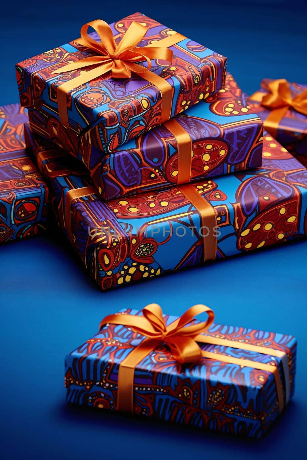Blue boxes, gifts with red decorations, orange ribbons on a navy blue background. Gifts as a day symbol of present and love. A time of falling in love and love.