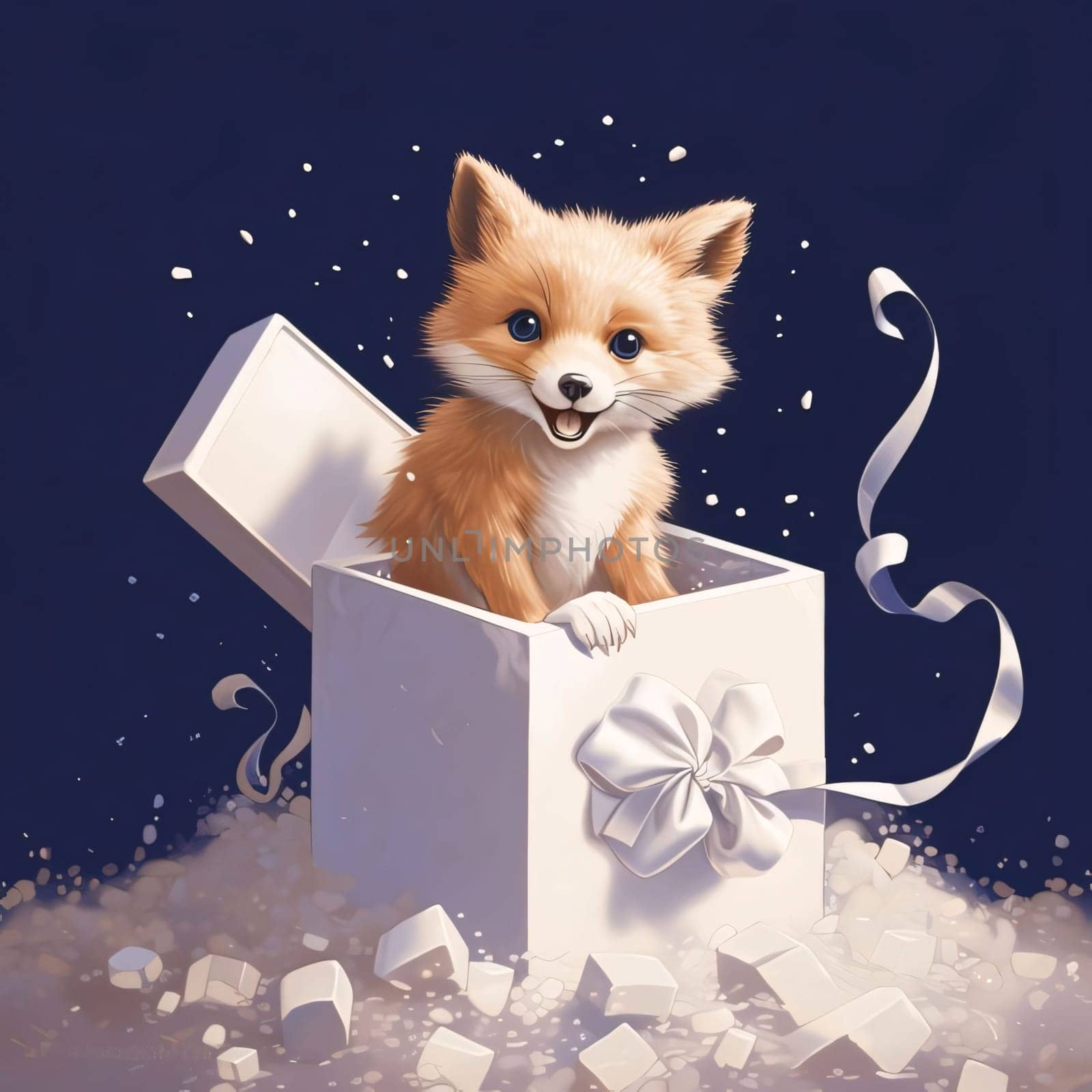 Illustration of a small fox in a white box with a bow, navy blue background. Gifts as a day symbol of present and love. A time of falling in love and love.