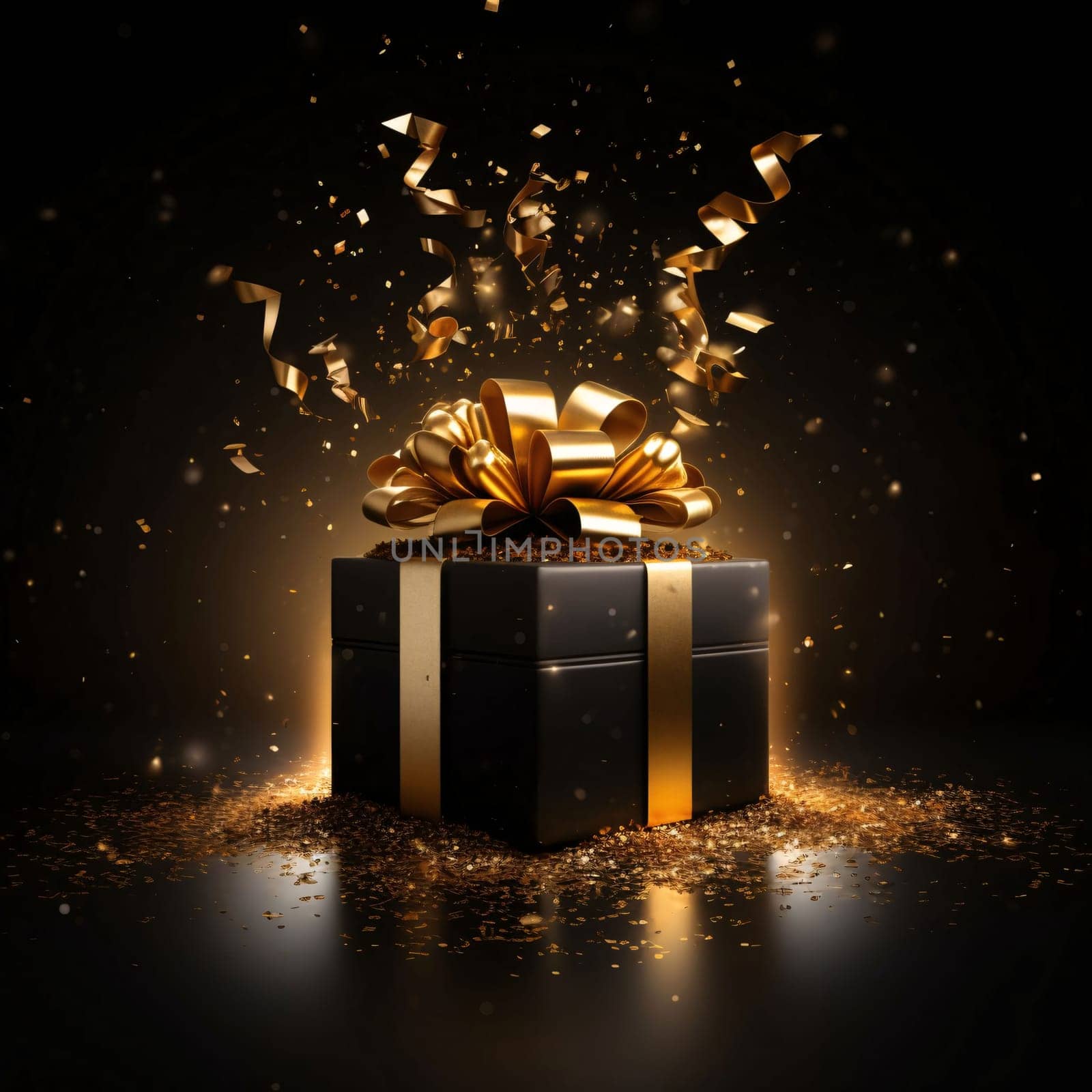 Black gift with a gold bow around gold dust, confetti and streamers. Gifts as a day symbol of present and love. A time of falling in love and love.
