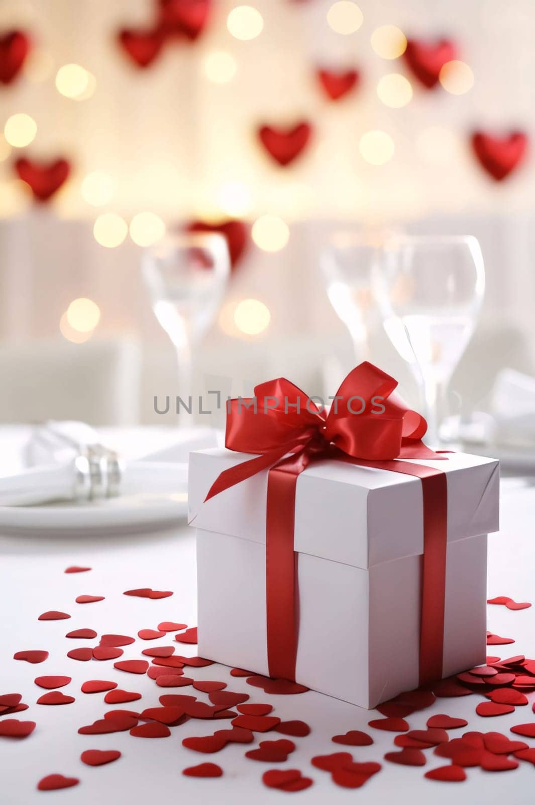 A white gift, a box with a red bow around scattered red hearts, glasses, a plate, a romantic dinner. Gifts as a day symbol of present and love. A time of falling in love and love.