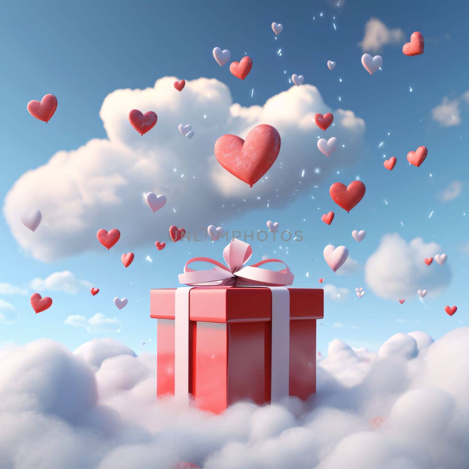Red gift with pink bow in the clouds around flying red and white hearts. Gifts as a day symbol of present and love. A time of falling in love and love.