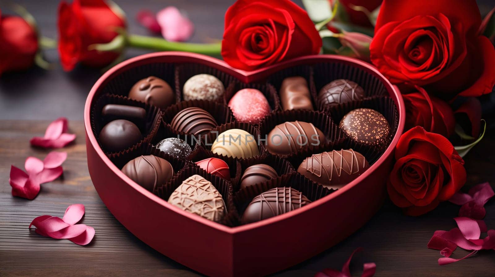 Heart with chocolates, red roses all around. Gifts as a day symbol of present and love. A time of falling in love and love.