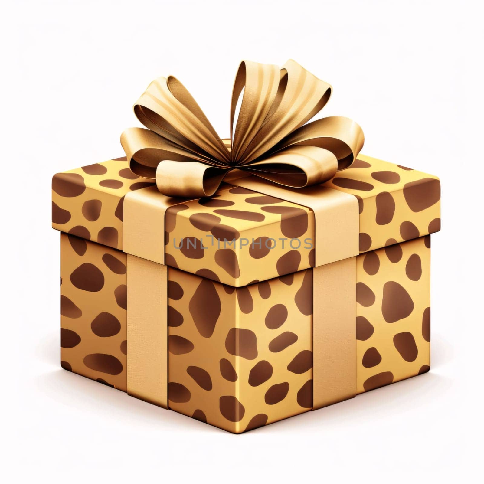 Gift in polka dots leopard with bow on white isolated background. Gifts as a day symbol of present and love. A time of falling in love and love.