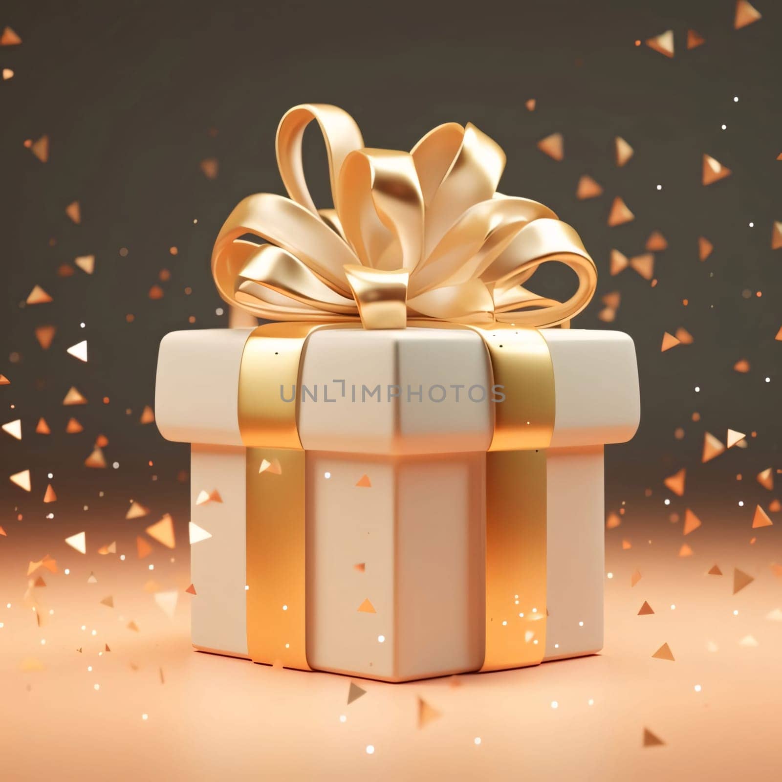 White gift with a gold bow around gold confetti. Gifts as a day symbol of present and love. A time of falling in love and love.