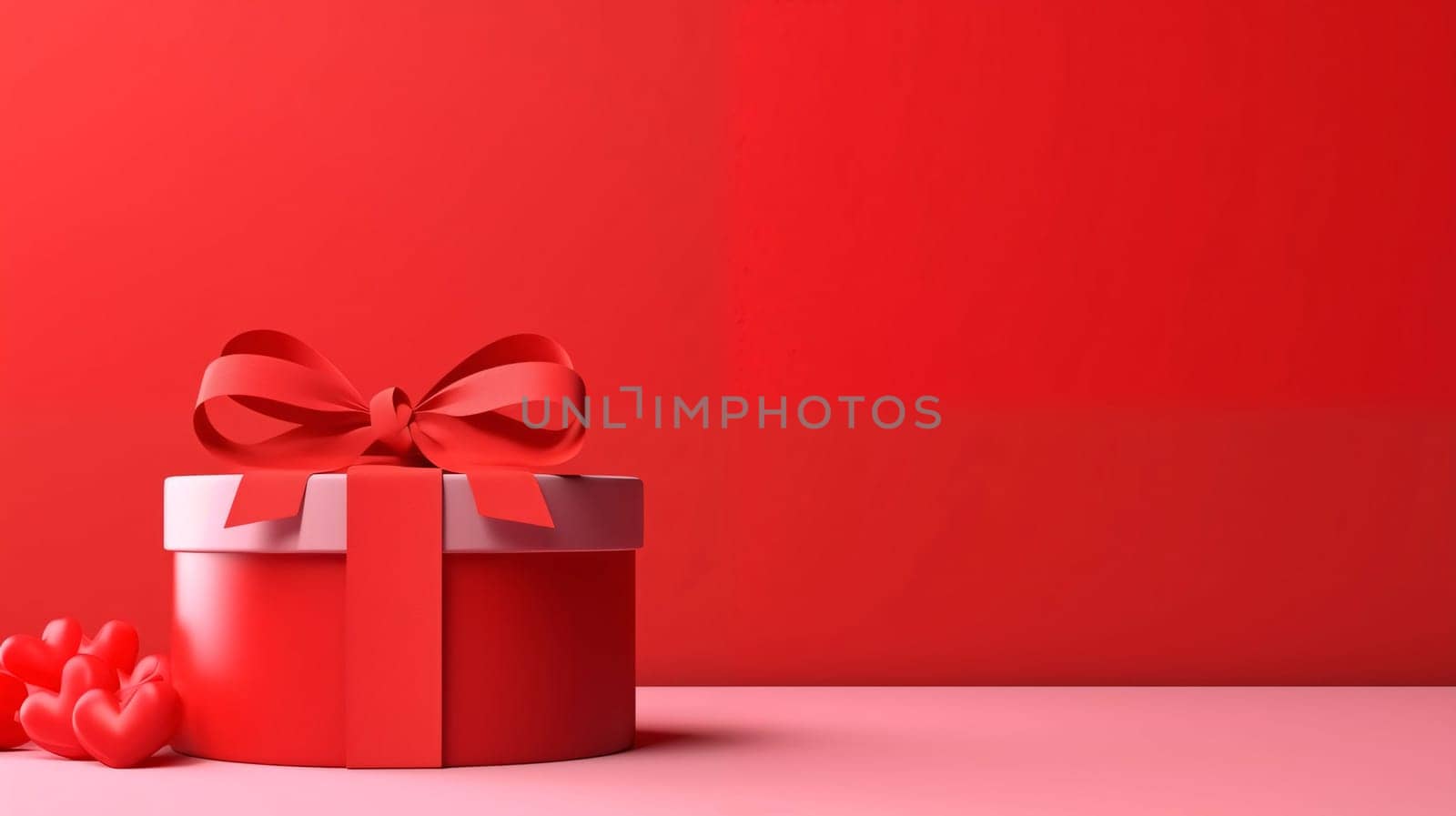 Red gift with red bow, small red hearts on red background.Valentine's Day banner with space for your own content. Heart as a symbol of affection and love.