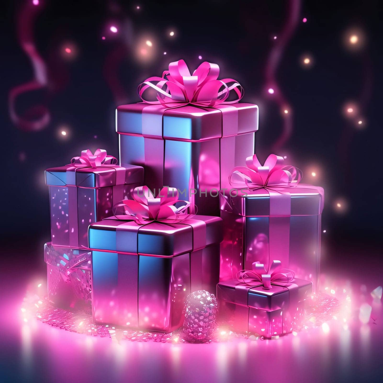 Pink gifts, card jump, lighting effects, black background.Valentine's Day banner with space for your own content. Heart as a symbol of affection and love.