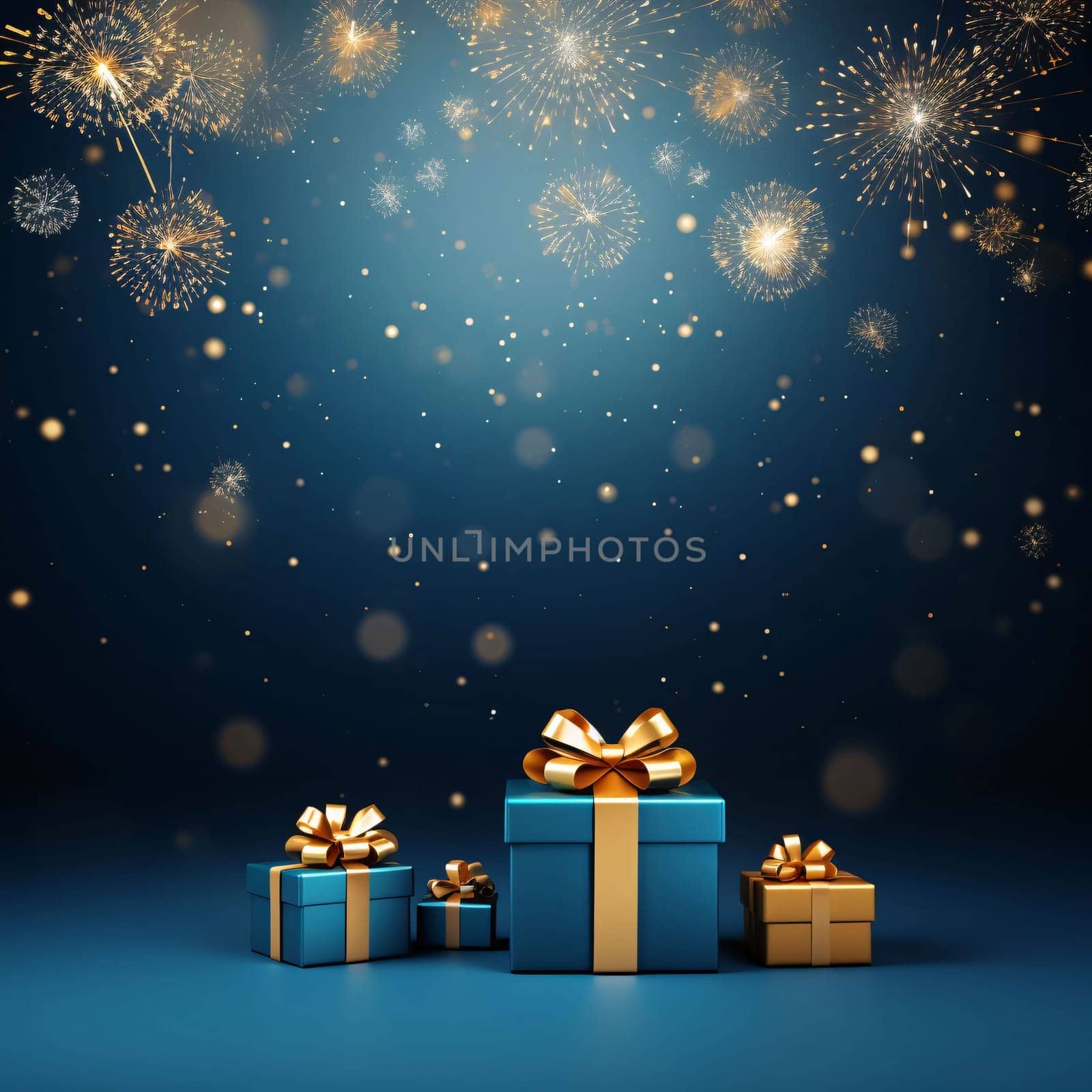 Side view of blue gifts with gold bows, gold dust, bokeh effect.Valentine's Day banner with space for your own content. Heart as a symbol of affection and love.