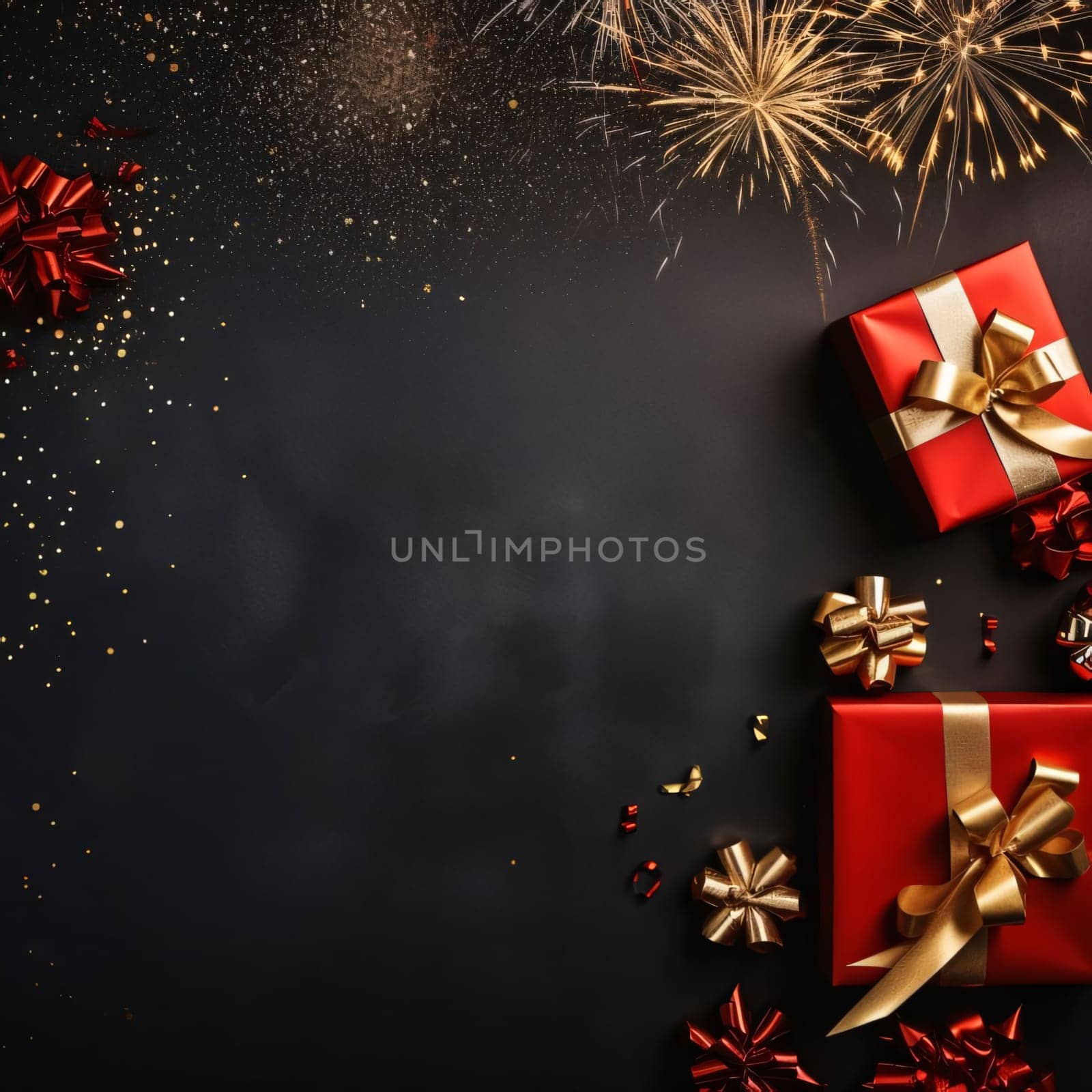 Top view of red boxes, gifts with gold bows, dark background.Valentine's Day banner with space for your own content. Heart as a symbol of affection and love.