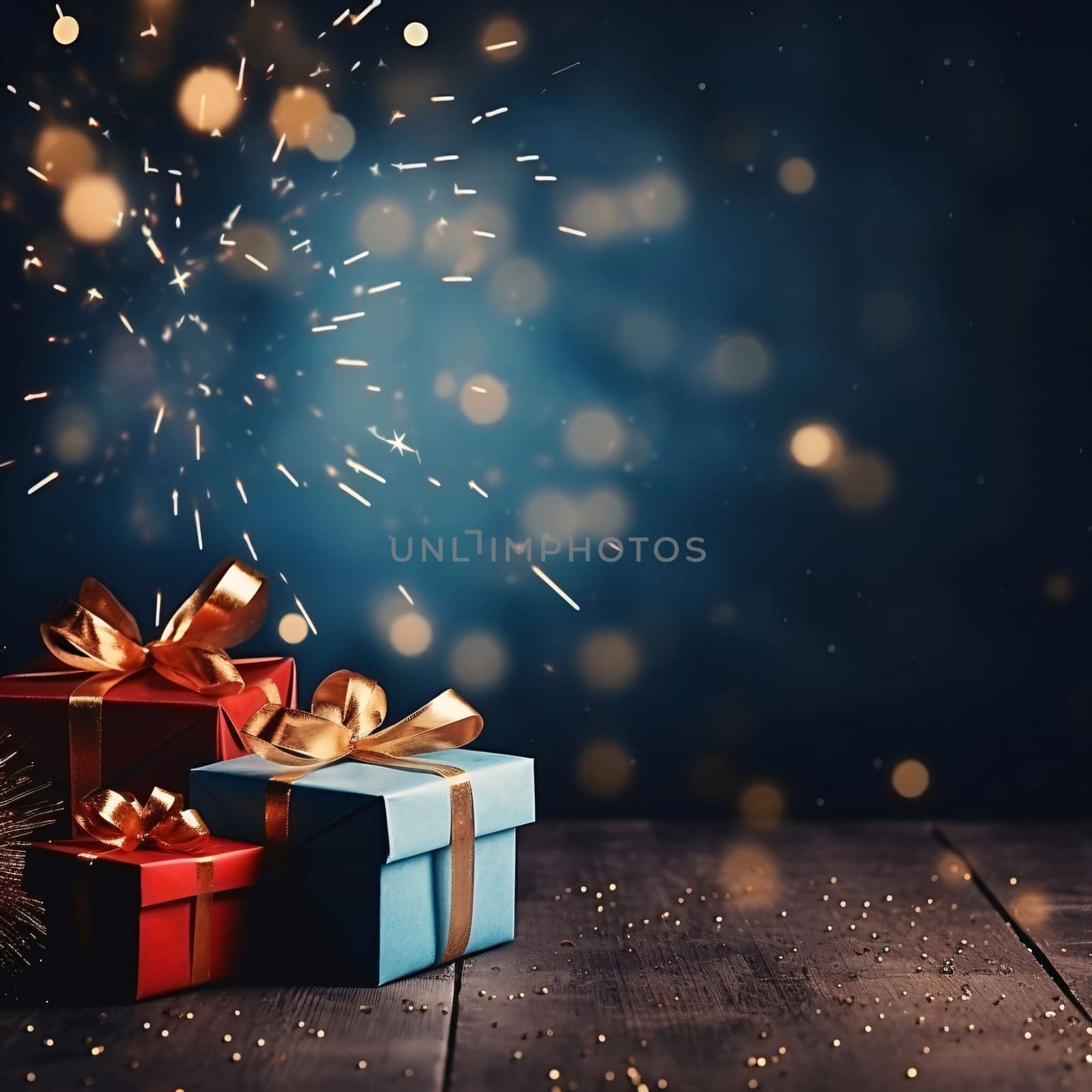 Red and blue gifts with gold bows on wooden top in background light bokeh effect.Valentine's Day banner with space for your own content. Heart as a symbol of affection and love.