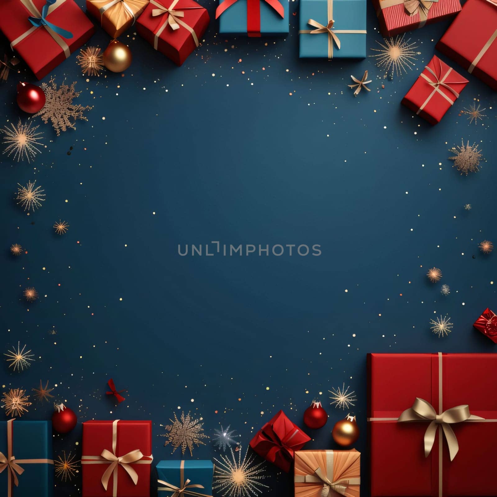 Dark background around red, blue gifts for gold bows, confetti, gold baubles and stars.Valentine's Day banner with space for your own content. Heart as a symbol of affection and love.