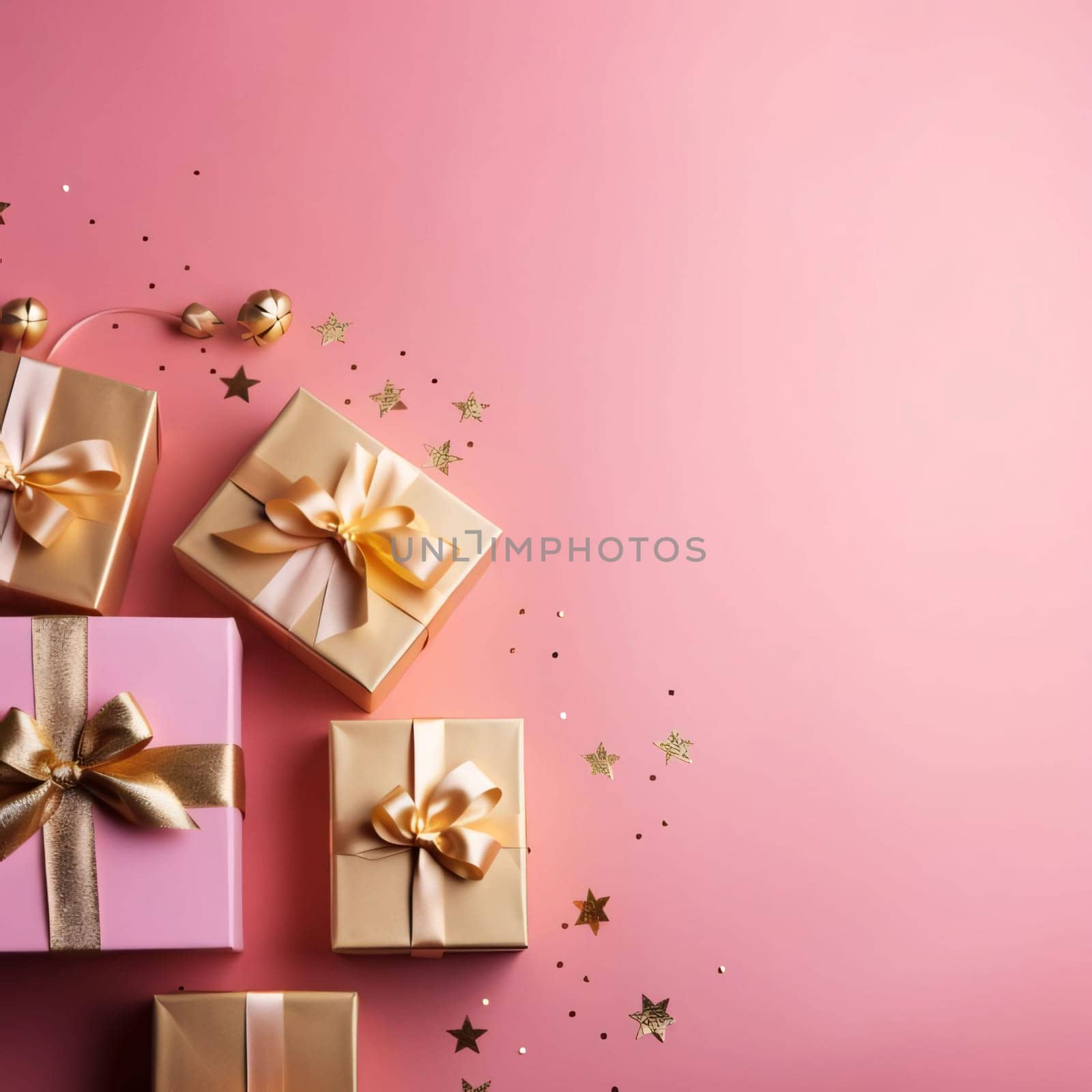 Overhead view of gold and pink gifts treasures gold stars, confetti on pink background.Valentine's Day banner with space for your own content. Heart as a symbol of affection and love.