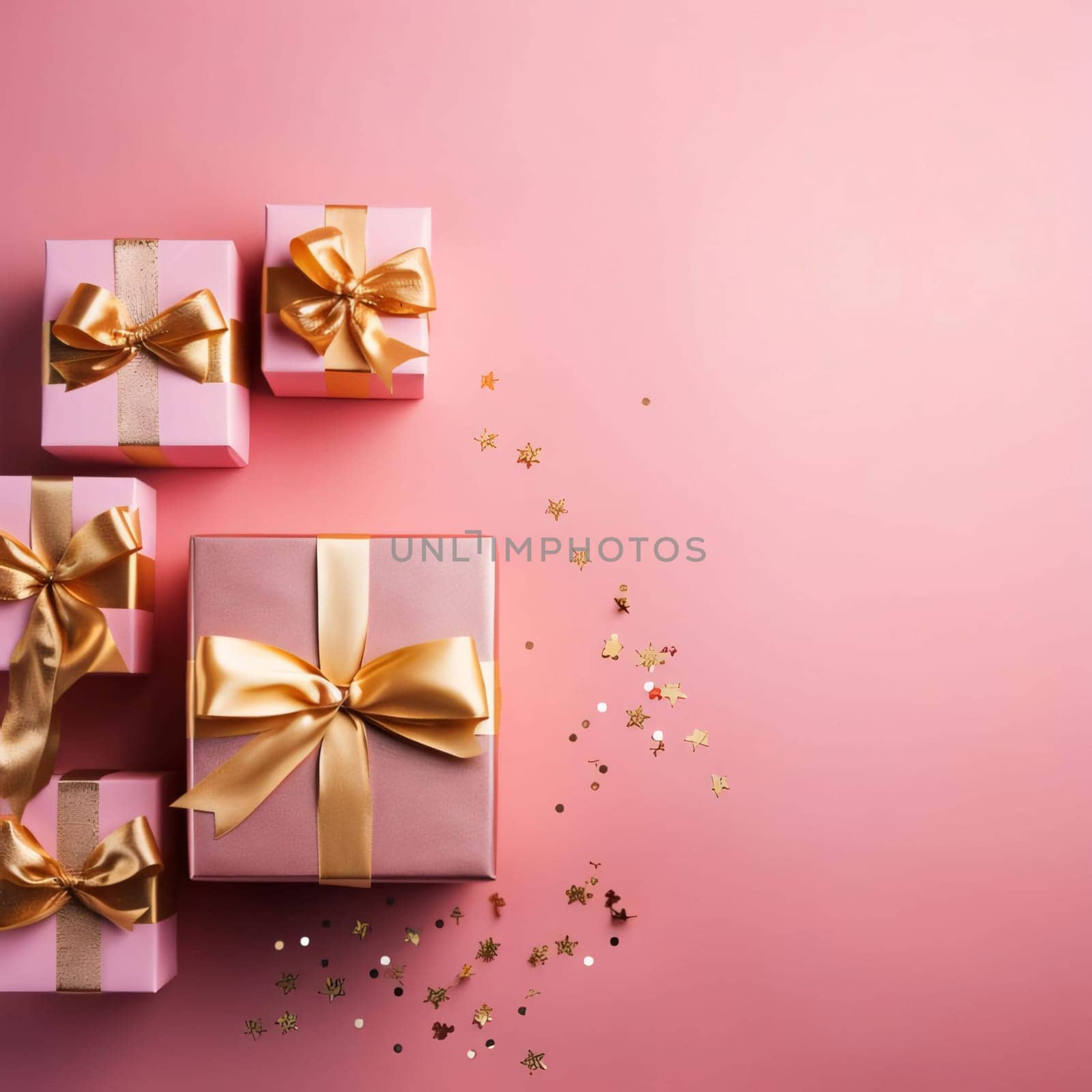 Overhead view of gold and pink gifts treasures gold stars, confetti on pink background.Valentine's Day banner with space for your own content. Heart as a symbol of affection and love.