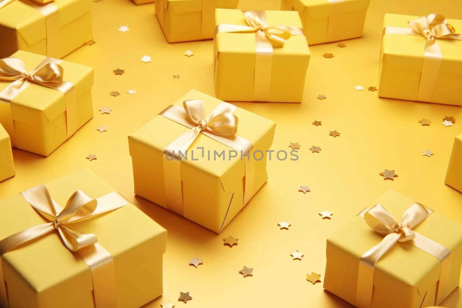 Yellow boxes, gifts with bright bows around gold confetti, stars.Valentine's Day banner with space for your own content. Heart as a symbol of affection and love.