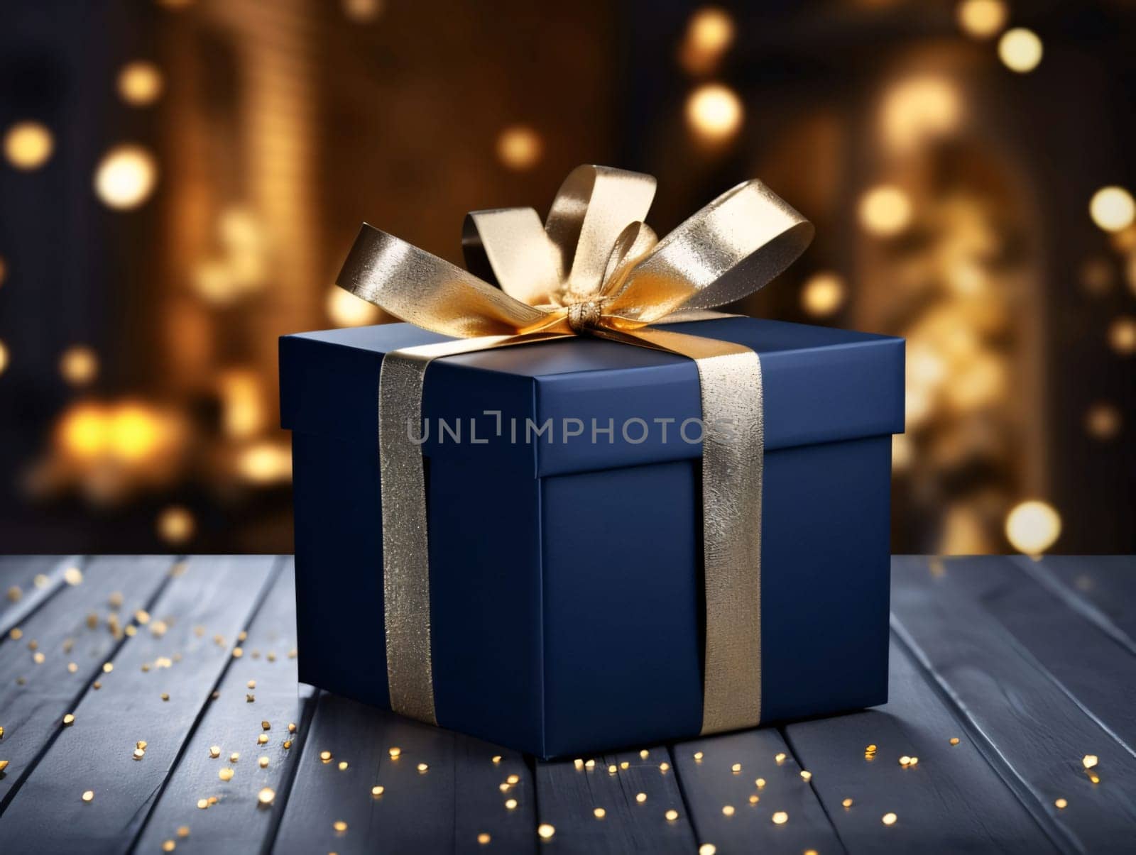 Navy blue gift box with Gold bow around confetti in the background bokech blur effect.Valentine's Day banner with space for your own content. Heart as a symbol of affection and love.