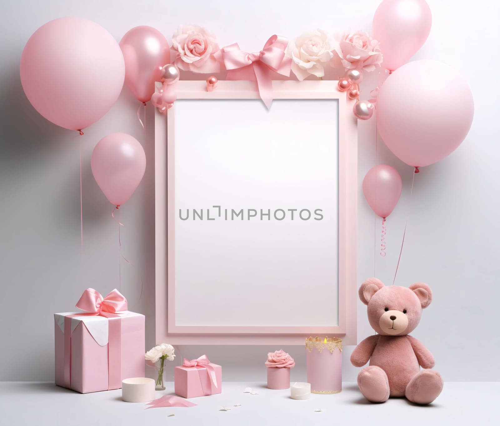 White blank card with space for your own content around teddy bear balloons, pink gifts. Gifts as a day symbol of present and love. A time of falling in love and love.