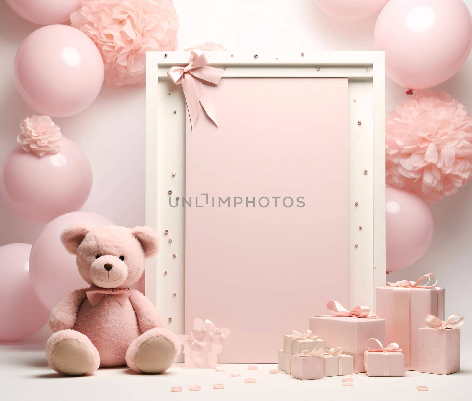 White blank card with space for your own content around teddy bear balloons, pink gifts. Gifts as a day symbol of present and love. A time of falling in love and love.