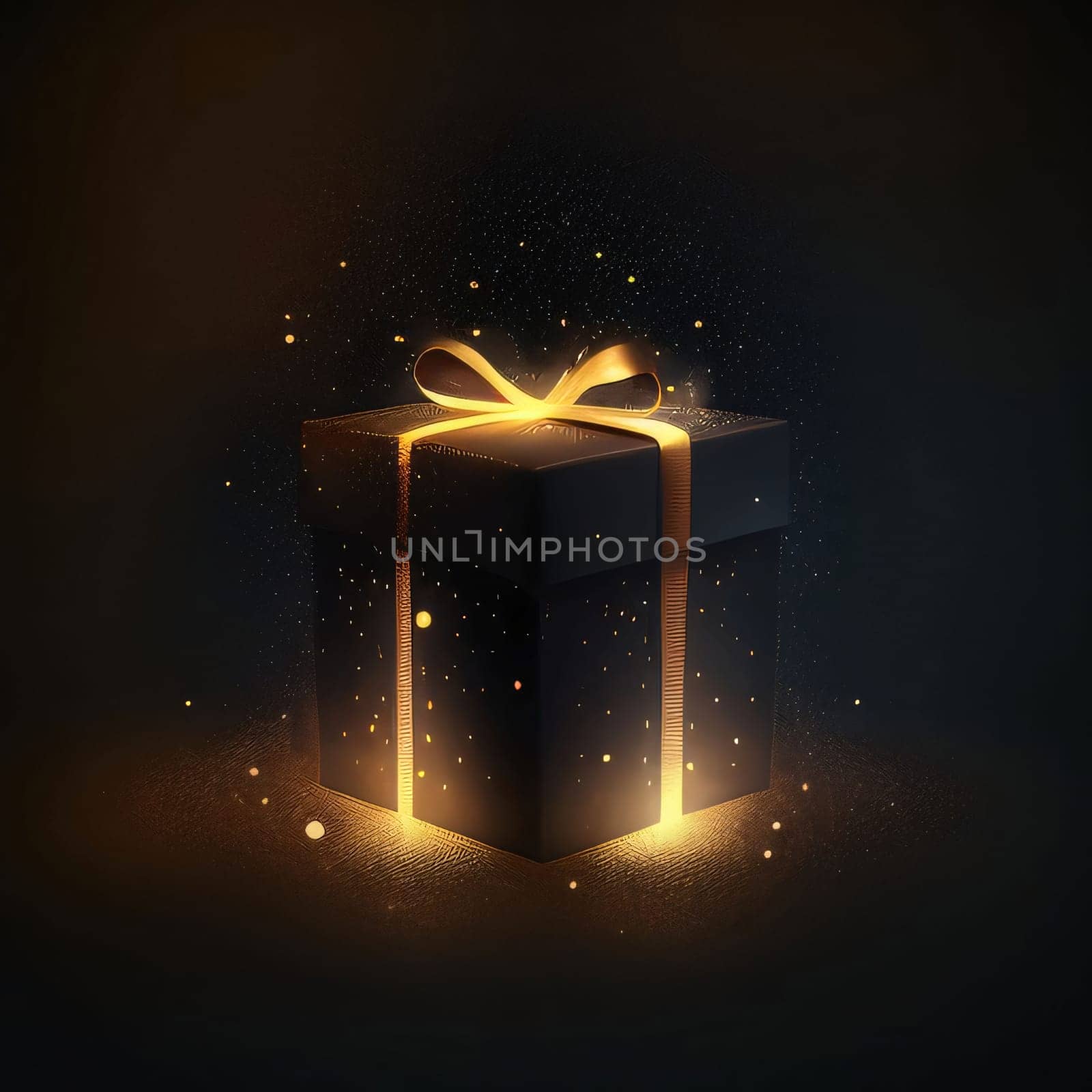 Dark gift box with a glowing light bow around fine light dust. Gifts as a day symbol of present and love. A time of falling in love and love.