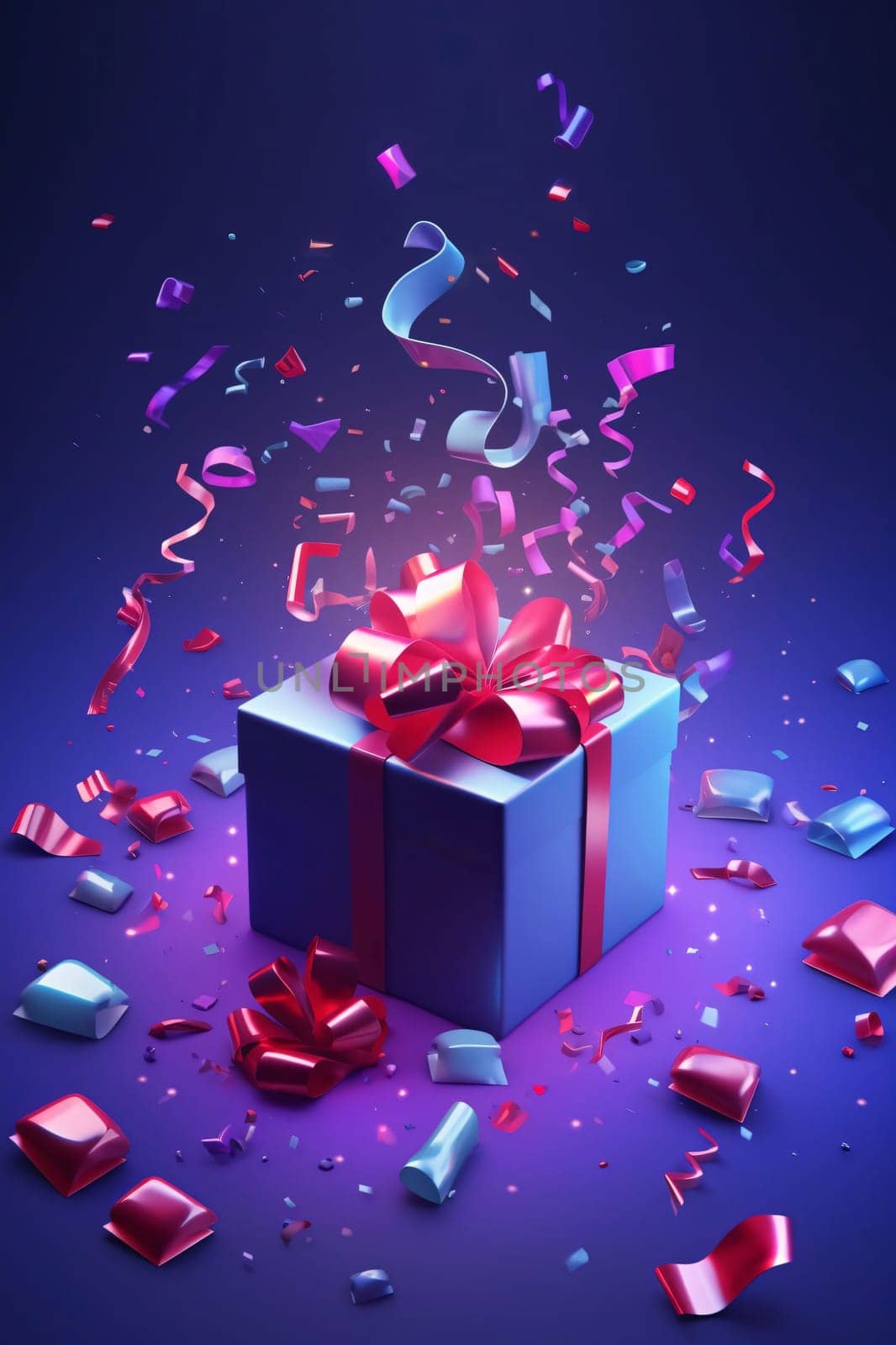 White box around streamers, red bows, dark background. Gifts as a day symbol of present and love. A time of falling in love and love.