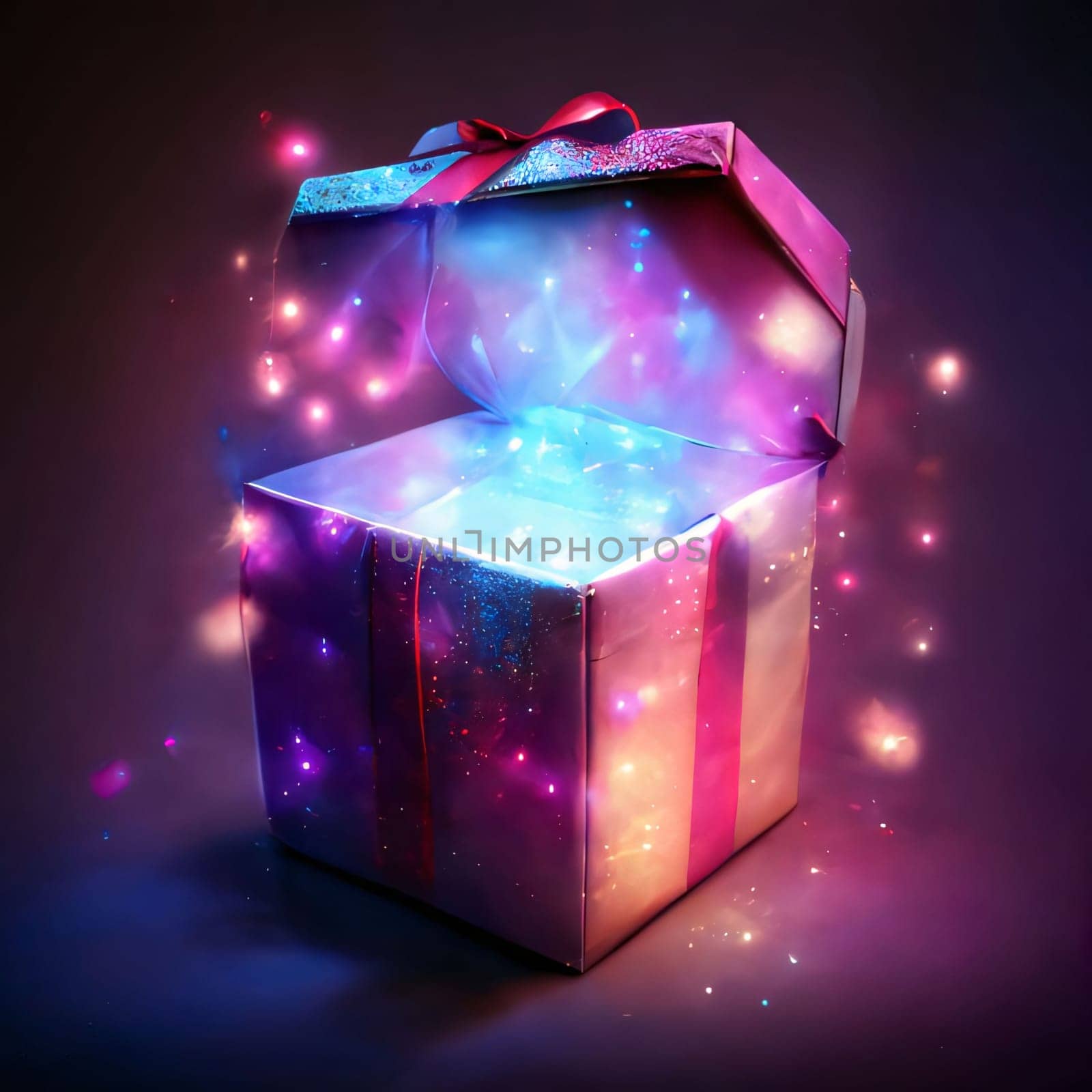 Open box, gift with light from inside. Gifts as a day symbol of present and love. A time of falling in love and love.