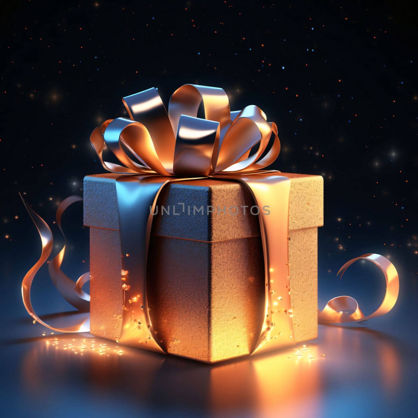 Gold gift with a gold bow on a dark background. Gifts as a day symbol of present and love. A time of falling in love and love.
