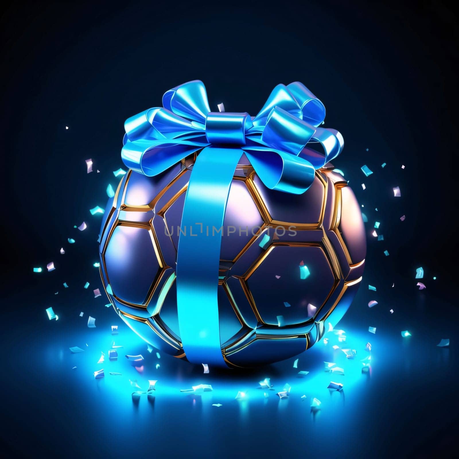 Gold ball with a blue bow on a dark background. Gifts as a day symbol of present and love. A time of falling in love and love.