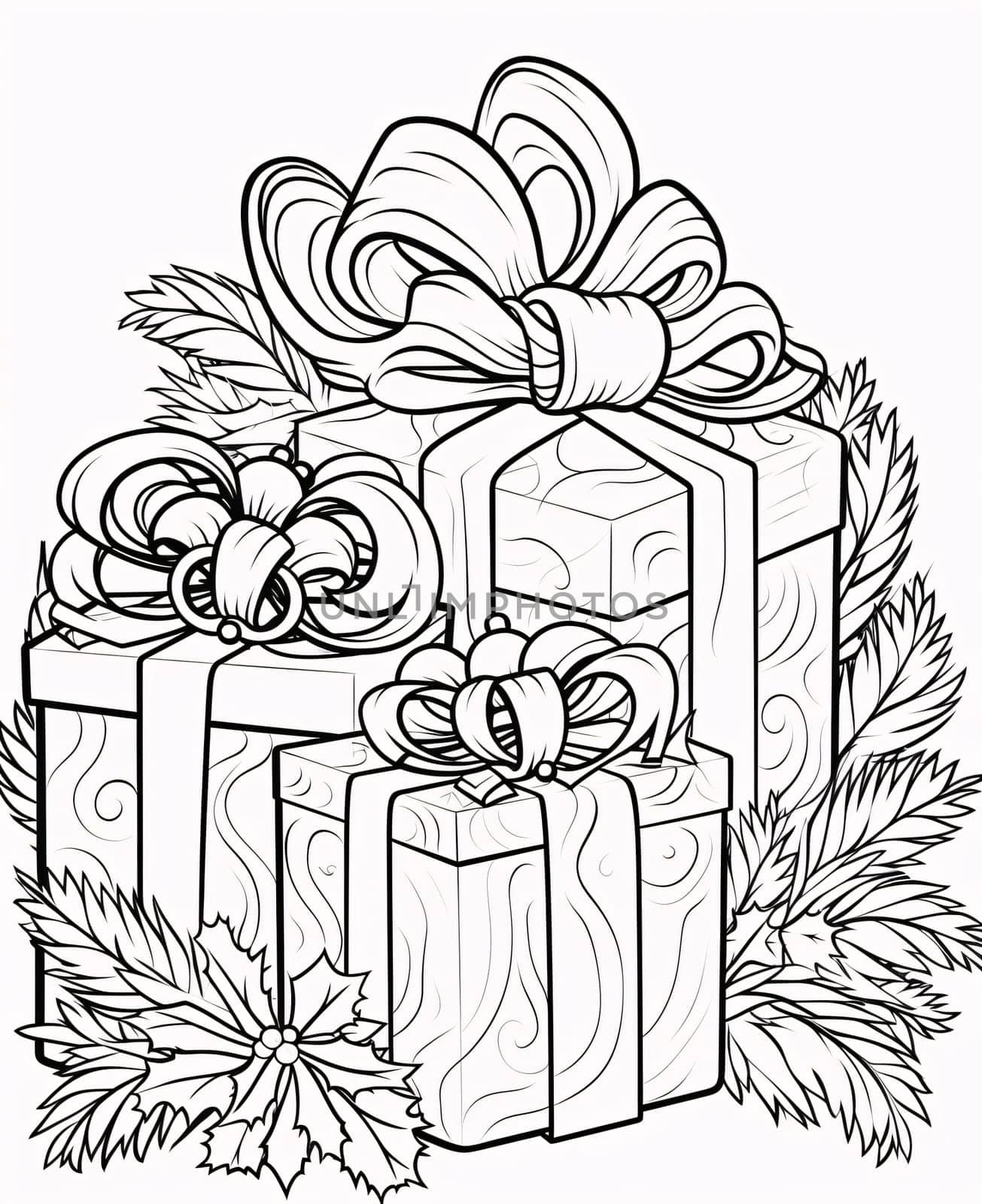 Black and White card with coloring pages, gifts boxes with bows. Gifts as a day symbol of present and love. A time of falling in love and love.