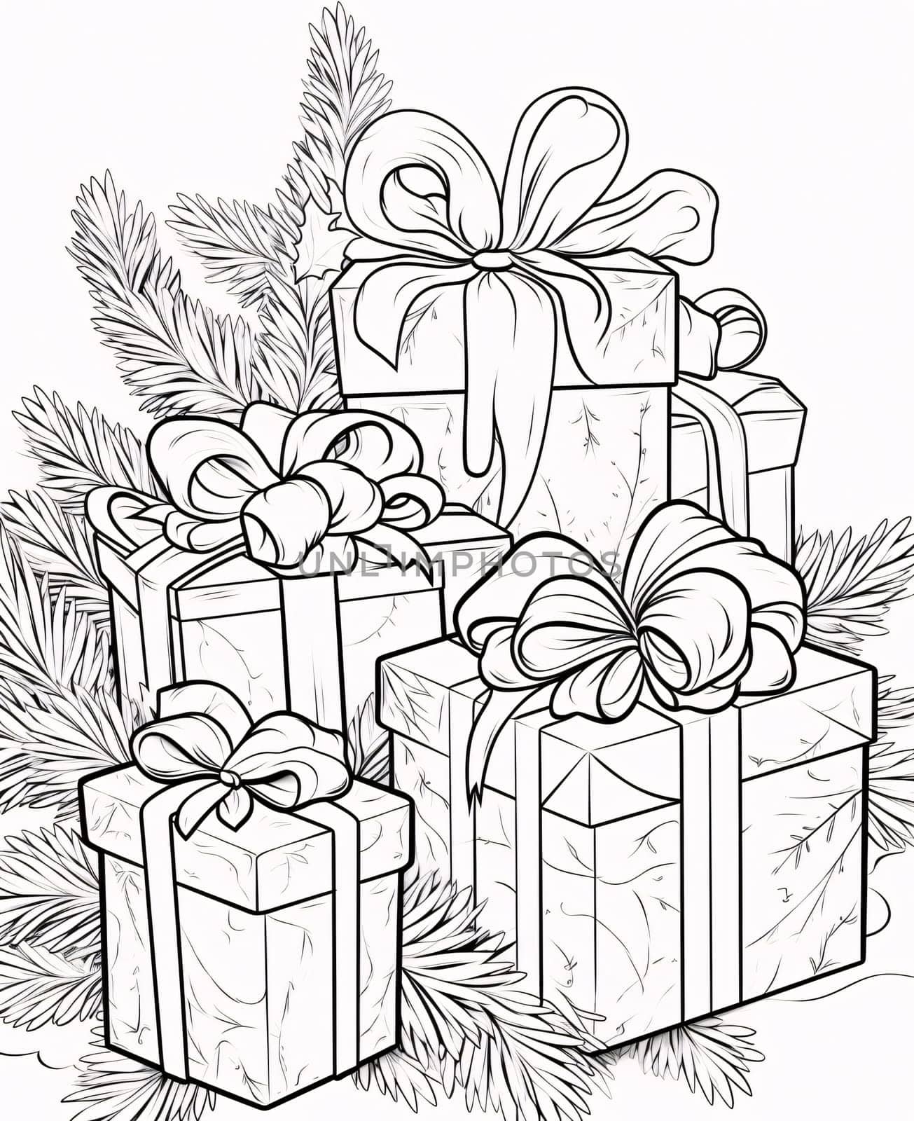 Black and White card with coloring pages, gifts boxes with bows. Gifts as a day symbol of present and love. by ThemesS