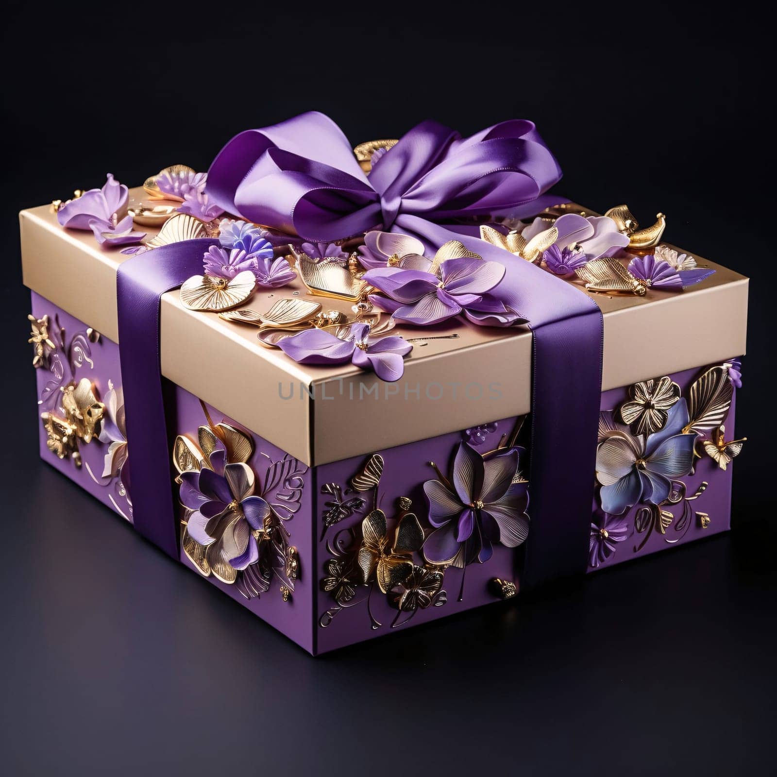 Purple pink box, gift with decorations and a bow. Gifts as a day symbol of present and love. A time of falling in love and love.