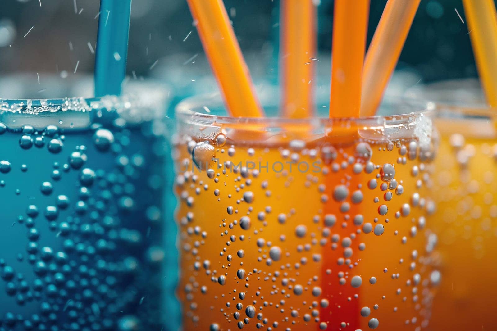 Colored plastic straws for a cocktail in a glass with liquid close-up. Party, holiday concept. Generated by artificial intelligence by Vovmar