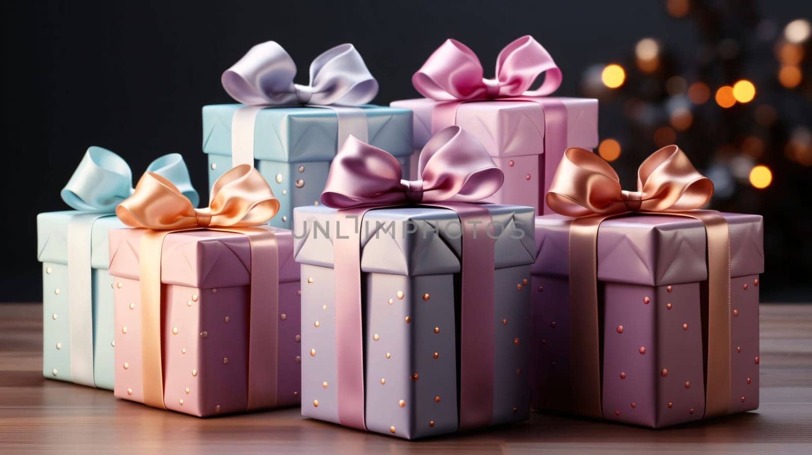 Gifts with bows on a background smudged dark. Gifts as a day symbol of present and love. A time of falling in love and love.