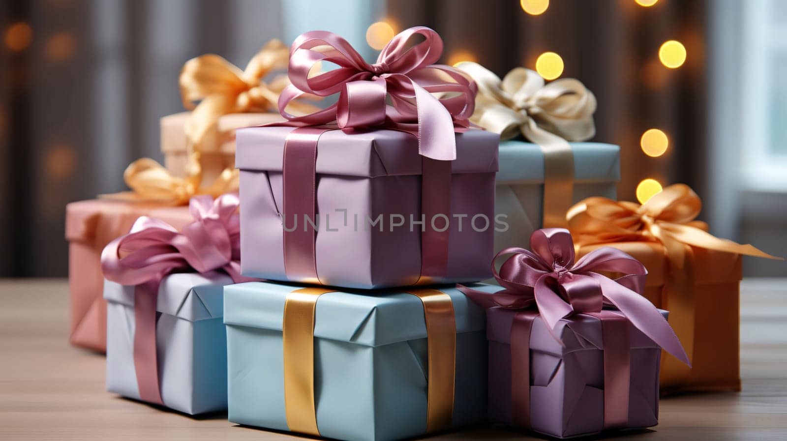 Gifts with bows on a background smudged dark. Gifts as a day symbol of present and love. A time of falling in love and love.